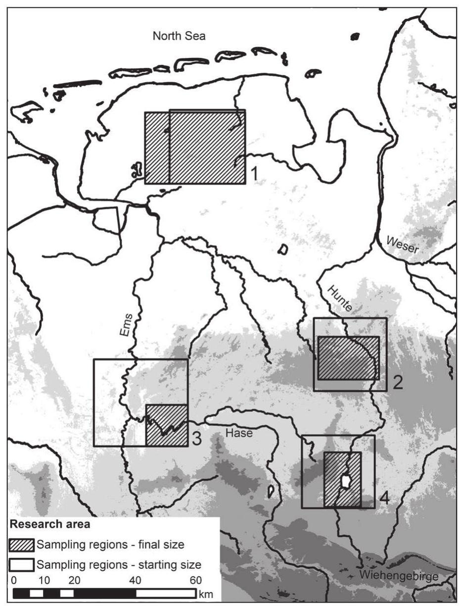 Fig. 1 Research area and sampling regions: 1 East Frisia; 2 Wildeshauser Geest; 3 Hase Valley; 4 Lake Dummer. 