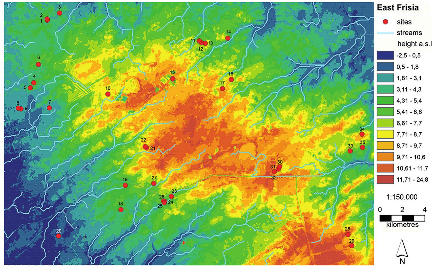Fig. 2 Topographic map of the East Frisia sampling region and the position of the sites, size: 759 km?. Soils: sandy soils (51,83 %), peat bogs (19,26 %), hydromorphic and marshy sediments (19,5 %). Water: little streams, STRAHLER (1952) order 1 and 2. 