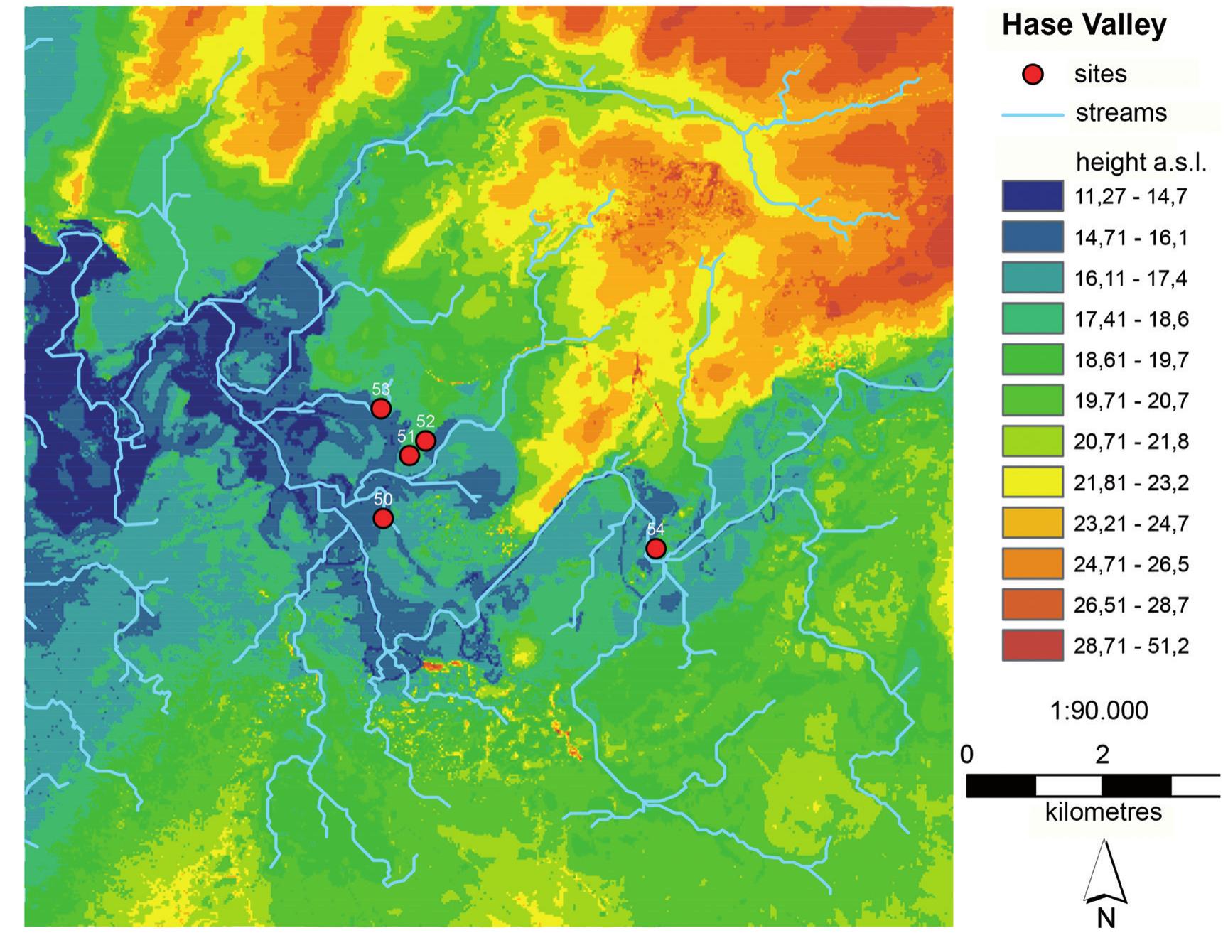 Fig. 4 Topographic map of the Hase Valley sampling region and the position of the sites, size 189 km’. Soils: sandy soils (60,4 %), hydromorphic soils like gley soils (21,2 %), anthropogeniously changed soils (16,2 %). Water: River Hase and its tributaries, STRAHLER (1952) order 4 and less. 