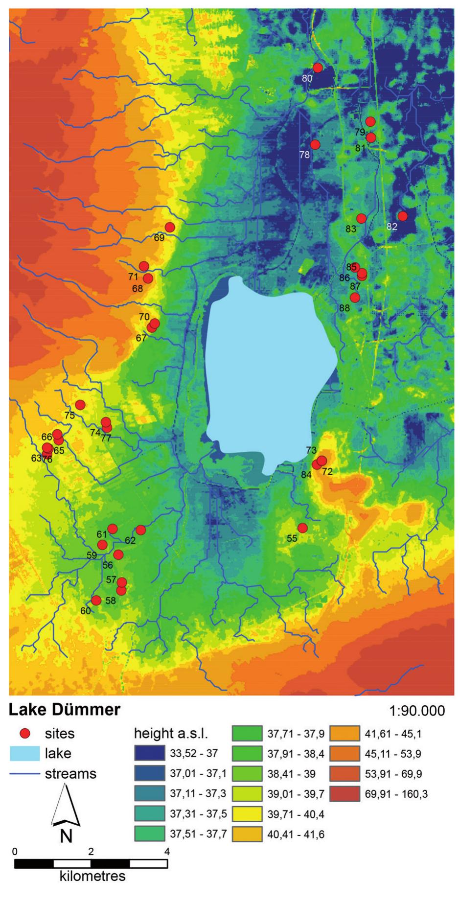 Fig. 5 Topographic map of the Lake Dummer sampling region and the position of the sites: size 204 km?. Soils: (around the lake): fens (34,9 %); sandy soils (31,7 %); hydromorphic soils (26,8 %). Water: the lake and river Hunte and tributaries to both, STRAHLER (1952) order 3 and less. 