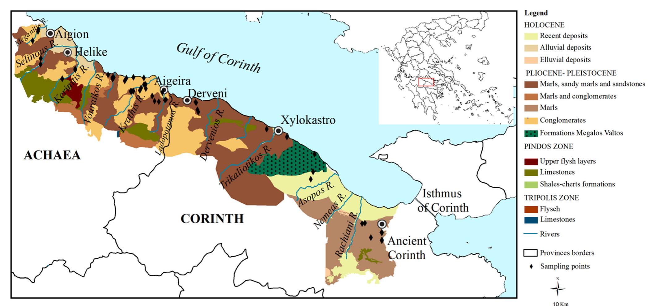 Fig. 1 Geological map of the study area combined from IGME Aegio (Tsoflias et al. 1998), Derveni (Tsoflias et al. 1993), Xylokastro (Koutsouvelis et al. 1983), and Corinth (Bornovas et al. 1972) sheets, with modifications 