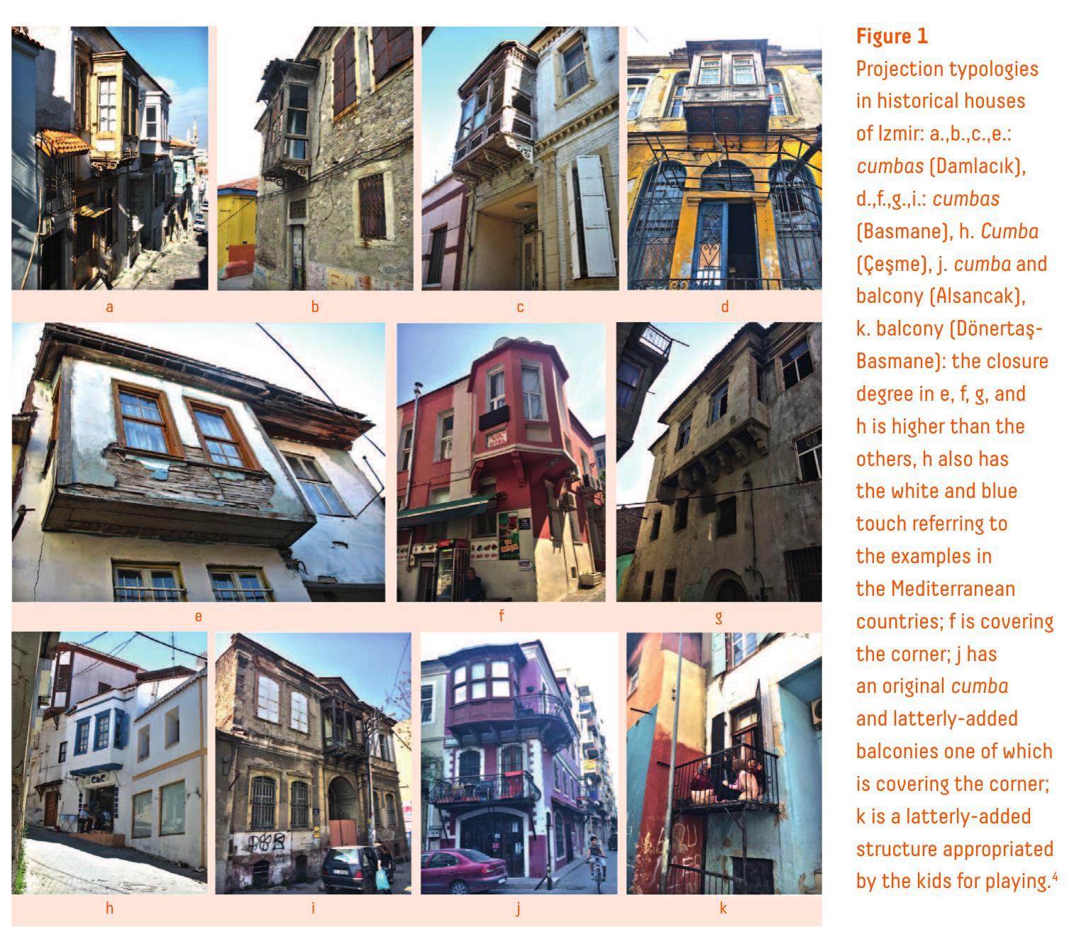 Though in the Mediterranean terminology, all of the mentioned spaces are placed under tk title of solaria, the only functional concern is not having sunlight, in practical life. For exampl for the cumbas (bay windows) of the traditional Turkish houses, having a view of the landscap and providing privacy while having the street-scape can also be included among the reasons fc having this kind of projection.* However, here it is important to mention that the ones belongin to the traditional Turkish architecture have an introverted character in functional respect 1 maintain the privacy of the inhabitants while offering them an extroverted view. On the othe hand, a Mediterranean solarium would be designed with an extroverted character in all respect  Various typologies of these projections are also observed in Izmir’s historical houses (Figure 1  Various typologies of these projections are also observed in Izmir’s historical houses (Figure 1)  typology of balcony in Tel Aviv. There are two categories: balconies projected from the building 