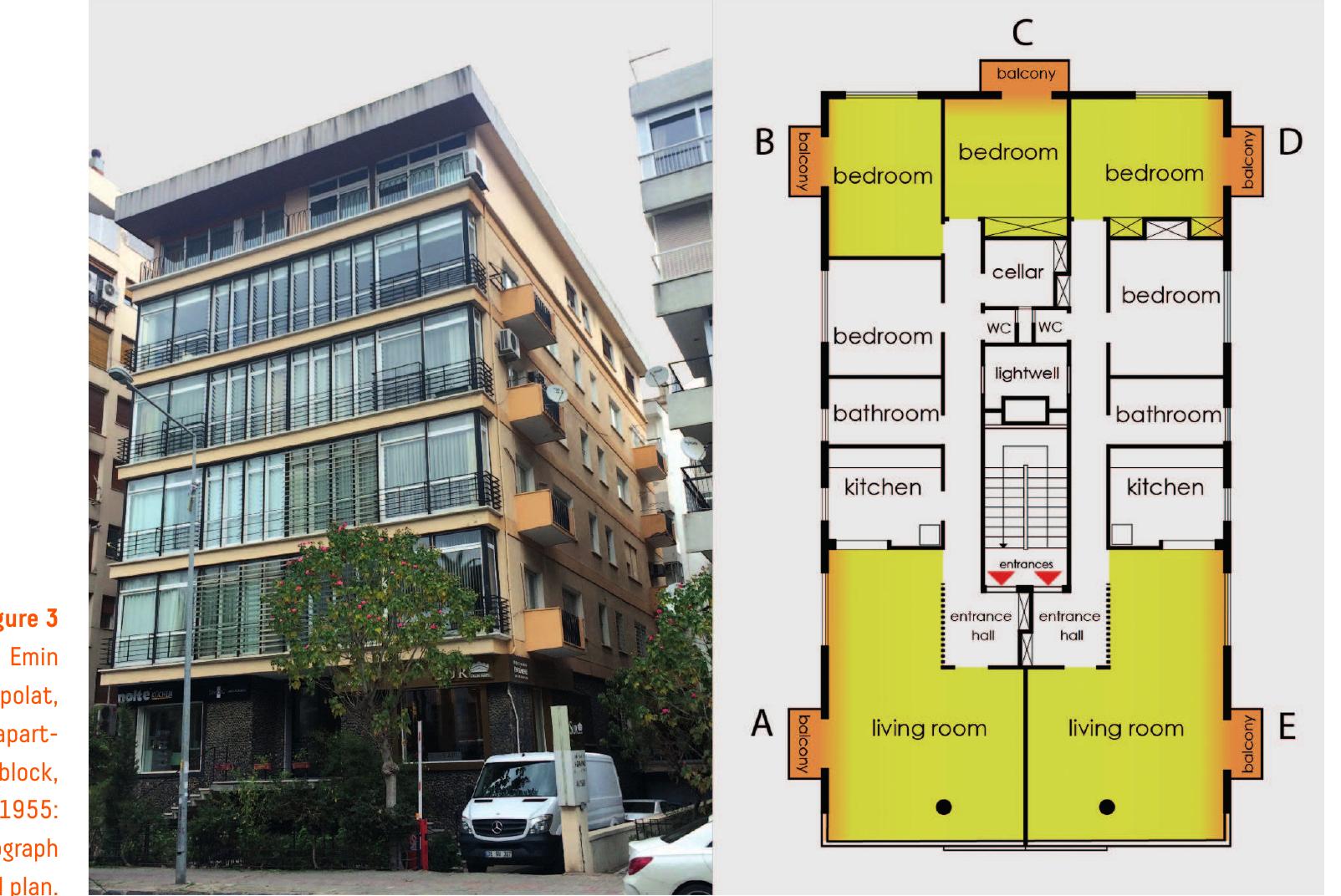 In Pekel apartment-block (1956) (Figure 4), there is not any balcony shared by two or more spaces; thus, each space has its own I-shaped balcony: all of the living rooms and kitchens in two housing units have separate balconies (A, B, D, and E), while there is only one bedroom having a balcony (C). The ones connected to the living rooms and bedroom (C, D, and E) are on the facade facing the main street, and in recessed typology, namely, covered with side-walls pre- venting panoramic views. On the contrary, the balconies serving for the kitchens (A and B) are projecting towards the exterior, though they are not facing the main street. However, they are all volumetrically articulated balconies designed in the areas sufficient for the use of more than one person at the same time, and with different functions. Moreover, the elements which dete-  riorate the symmetry of the two identical housing units are balconies as well as the bathrooms. 