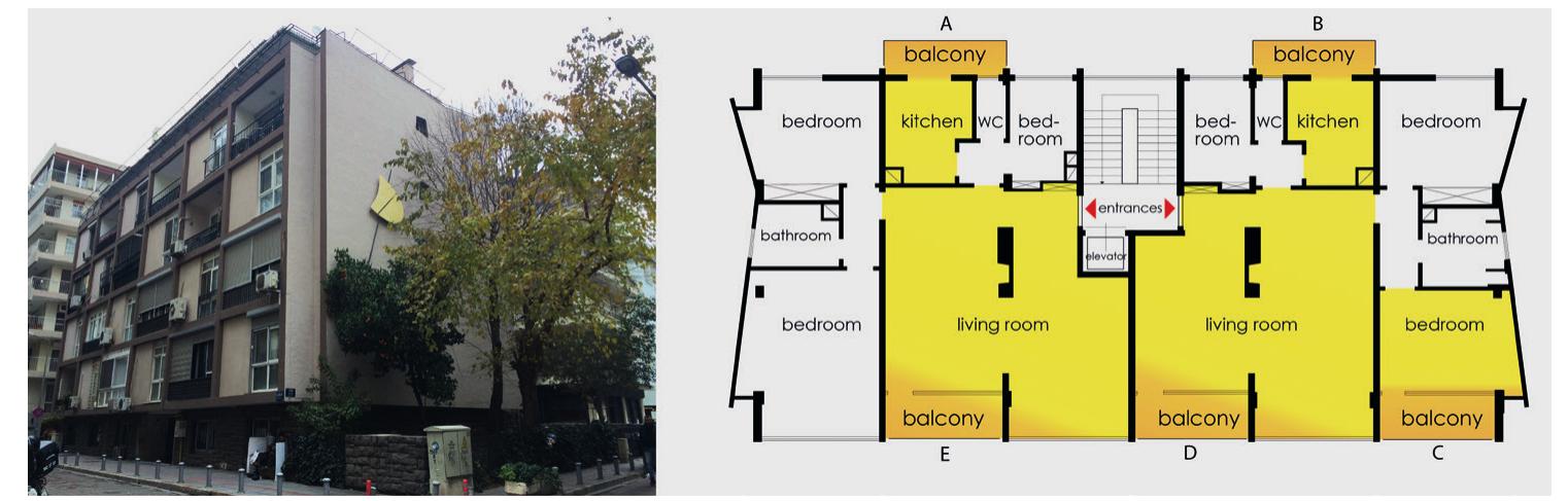 Figure 4 Melih Pekel, Pekel apartment-block, 1956: Photograph and plan.  riorate the symmetry of the two identical housing units are balconies as well as the bathrooms 