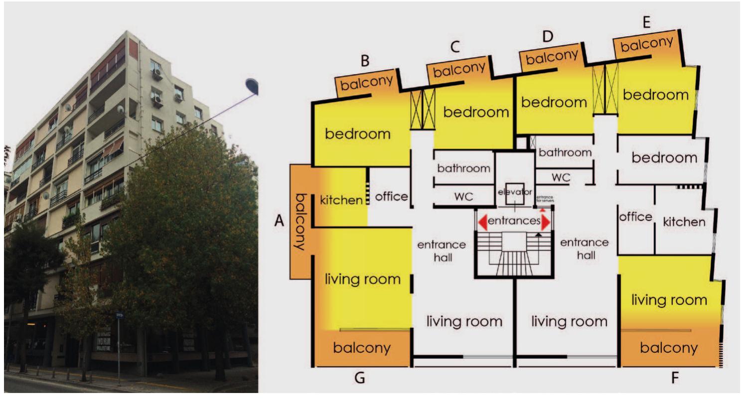 Figure 7 Fahri Nisli, Fuar/Alber Kohen apartment-block, 1965: Photograph and plan.  When we look at Atav apartment-block (1970) (Figure 8), we see two housing units on each floor,  t  t  t  hough they are not identical—because they were planned in a triangular plot, the units are  eventually different in plan solution. Housing unit in the corner with an acute angle continues  on two floors. For each housing unit, balconies serve the living room and bedrooms. However,  hese balconies differ in terms of their formal characteristics. The living room of the duplex  housing unit has two different balconies (C and D), I-shaped one (D) is recessed and small, and  he angular one (C) is longitudinal and projecting towards the exterior and also opens into the  kitchen and cellar. The living room of the neighboring housing unit has only one balcony (E) 