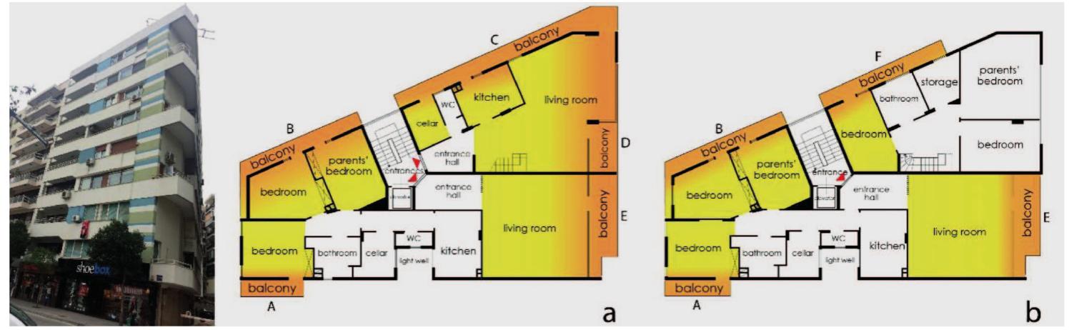in recessed typology—and almost in the I-shaped morphology. Since the balconies of the living rooms face the boulevard, they were designed in small sizes and recessed typology because of the stylistic concerns. There is another L-shaped and projecting balcony (B) with a wide-angle in this neighboring-unit serving for the parents’ bedroom and bedroom. The third bedroom has also an I-shaped, small-sized, and projecting balcony (A). On the second floor, although the du- plex unit has three bedrooms, only one has a balcony (F), and the storage and bathroom open their windows to this I-shaped and projecting space. Besides, some of the balconies serving the living room in the duplex units have been closed permanently later by the inhabitants as is seen  in the photograph (Figure 8)—there has left only one un-covered balcony in those type of units.  Giirel apartment-block (1986) (Figure 9) also fits into the common stylistic-properties of balcony design in the period, and leads us to understand the dispositions, though it was demolished later and not available today. In this apartment-block, there are two housing units at a typical floor- plan, and we see two types of balconies: One type of them (C and D) serves the living room and faces the main street, projects from the facade within a frame. The other type (A and B) opens into bedroom and laundry/storage. This second type projects towards the exterior and looks to  the backside. These balconies opening into the bedrooms (A and B) are I-shaped and longitu-  dinal. However, in this example, we see a difference in two housing units locating on each floor. Since one of the housing units has one more bedroom, the balcony in this unit (A) serves two bedrooms (and laundry), while in the other unit, the balcony (B) only serves one bedroom and laundry. The design language of the building refers to the Brutalist period of the Post-modern architecture: it has massive concrete volumes which are totally closed with almost no opening on the facades. Thus, the balconies were also designed in small sizes, either in a framed manner covered by the walls from the sides or by a modest and open projection allowing a few people  to step in at the same time rather than being designed for relaxation or socialization.  in the photograph (Figure 8)—there has left only one un-covered balcony in those type of units. 