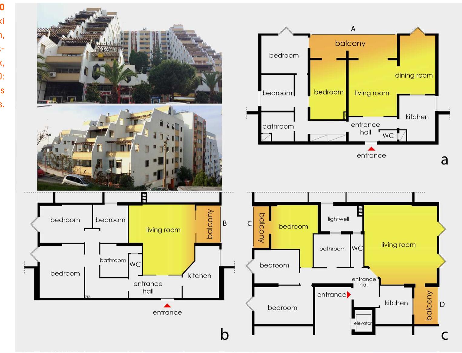 Veniis apartment-block (1993) in Giizelyali neighborhood (Figure 11) represents the stylistic features of the Post-modern architecture, which is legible in the design of downsized balconie: as decorative and rhythmic projections. There are two housing units on each typical floor-plan one of the units has two balconies, while the other has only one—except the projection which i: not proper for stepping inside. The living rooms have the balconies (B and C) facing the mair street, and they continue over the side facades with the small arms of the L-shaped form, whict are only decorative projections. The kitchen and a bedroom share the same I-shaped balcony (A) in one of the units, while, in the other, again, the kitchen and a bedroom share the same I-shaped projection by window-openings—though, on the facade, they seem like the volume: proper for stepping. These quasi-balconies reflect the tendency of their period: a Post-moderr  living-style pretending to behave extroverted while being introverted in all respects.  TIBAS is a mass housing-block (1988-1990) relatively larger than the other apartment-blocks ex- amined in this study. It has three typical unit-plans (Figure 10). There is a terraced organization in the overall design, which refers to a focus on balconies. However, the balconies are limited in number, and in visual balance. They are all in I-shaped and recessed typology. In the a- and b-unit-plans, there is only one balcony (A and B): In the plan-a, the balcony (A) is shared by the living room (with dining room) and a bedroom. It is larger than the other balconies (B, C, and D), in the other units. In the plan-b, the balcony (B) only serves the living room, as a small threshold. And in the plan-c, there are two small balconies (C and D), one of which is connected to the living room (D), while the other (C) is reserved for a bedroom. Though the terraced orga- nization of the block is promising for openness and an extraverted life-style, the units are closed largely with small balconies and openings in prismatic Post-modern language, which makes the  unit-organization introverted.  Veniis apartment-block (1993) in Giizelyali neighborhood (Figure 11) represents the stylistic  living-style pretending to behave extroverted while being introverted in all respects.  TIBAS is a mass housing-block (1988-1990) relatively larger than the other apartment-blocks ex- 