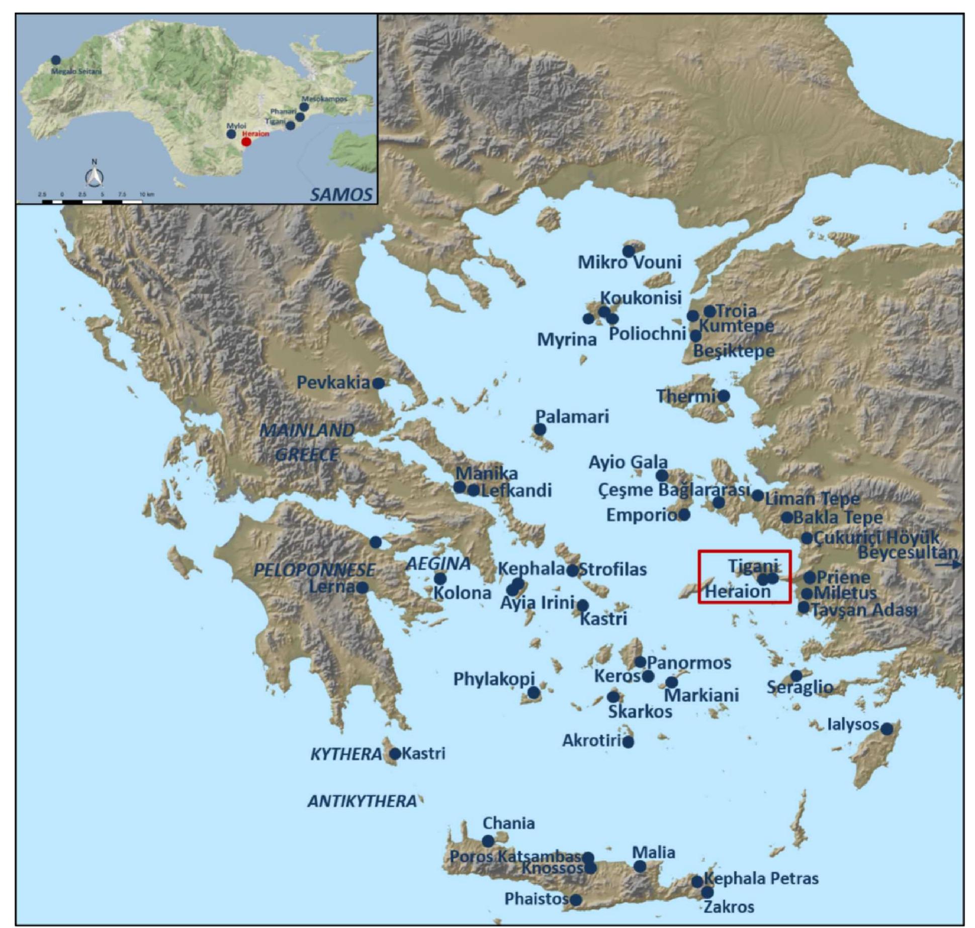 Fig. 1. Prehistoric habitation on Samos and major Ch-MBA sites in the Aegean and western Anatolia. 