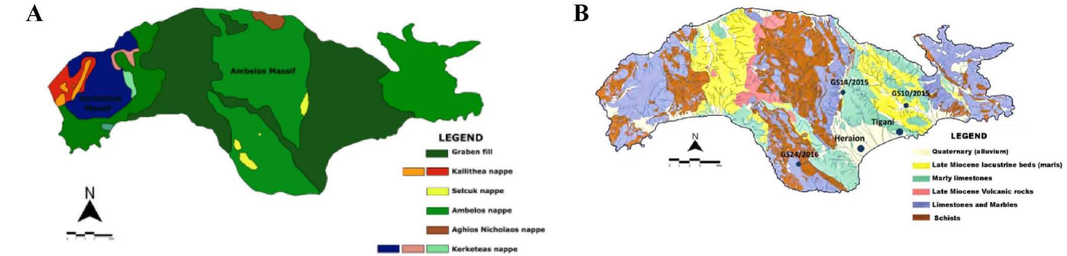 Fig. 4. A. The main lithological formations of Samos; B. Detailed geological map of Samos (modified by G. Papadias, after Vassilopoulos et al., 2008, 20) 