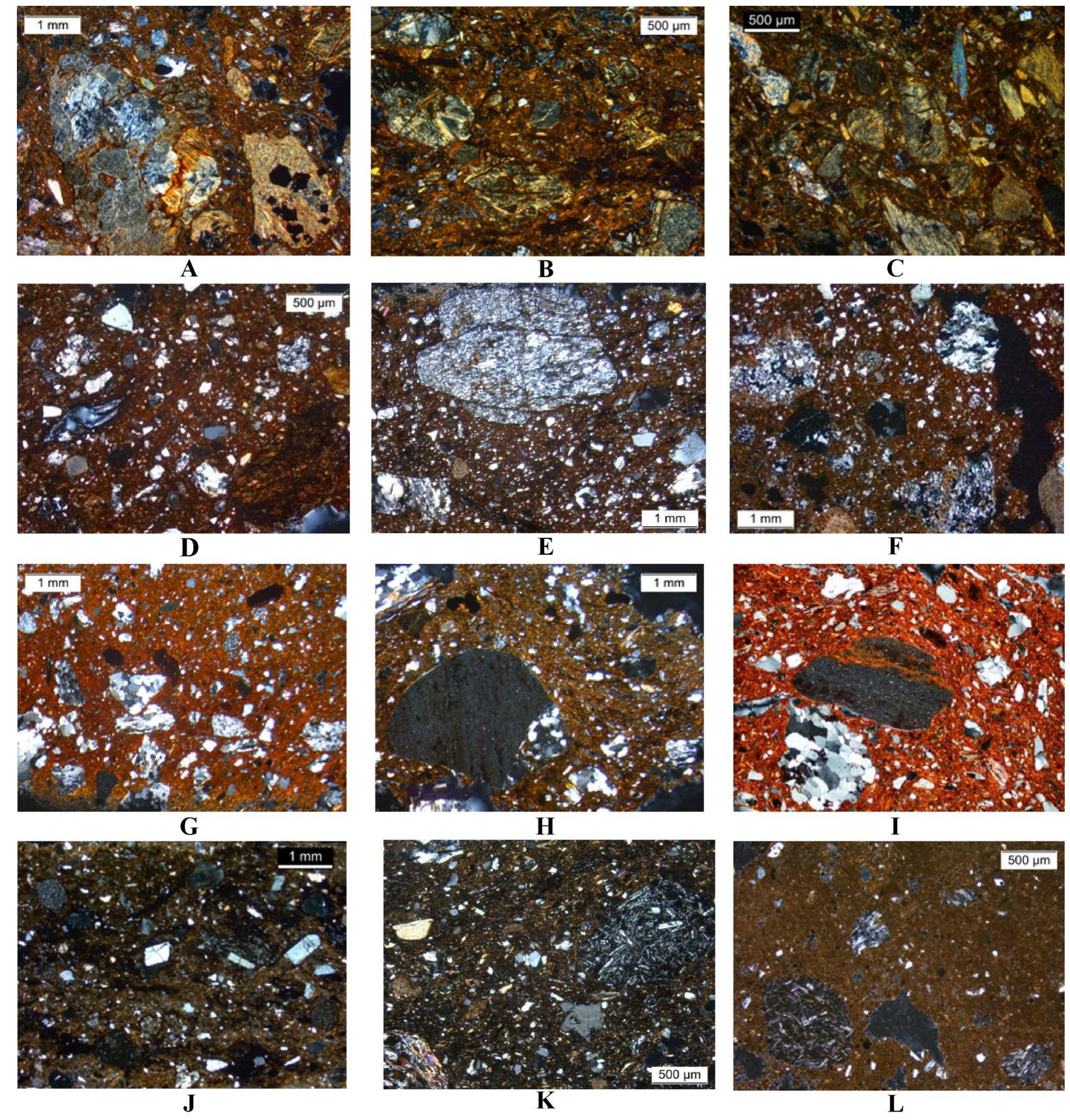 Fig. 5. Photomicrographs of selected ceramic and raw material samples taken by Menelaou in crossed—polars (XP). A. Fabric 1 (HR15/68; Ch); B. Fabric 1 (HR15/10; EBA II); C. Raw material sample (GS24/2016); D. Fabric 2 (HR15/168; Ch); E. Fabric 2 (HR15/81; EBA I); F. Raw material sample (GS14/2015); G. Fabric 2A (HR15/ 92; EBA II developed); H. Fabric 2A (HR15/271; EBA III); I. Fabric 2A (no scale; HR18/120; MBA); J. Fabric 3 (HT12/28; EBA II); K. Fabric 3 (HR15/282; EBA IID; L. Raw material sample (GS10/2015). 