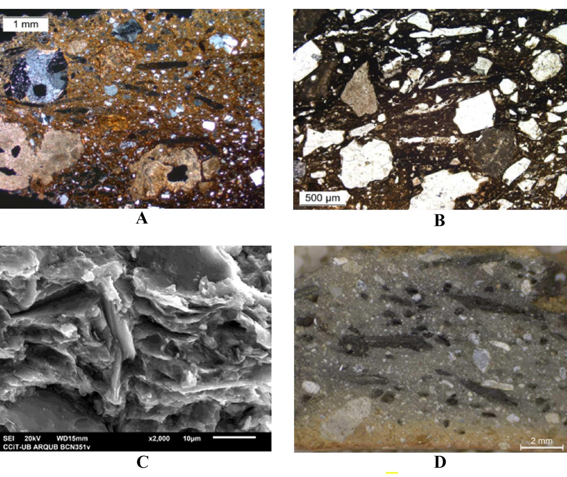 Fig. 7. A. Fabric 2 with evidence of vegetal tempering (XP); B. Fabric 3 with evidence of vegetal tempering (PPL); C. Body microstructure showing No Vitrification with clear crystal boundaries and remains of the original structure; D. Macrograph of Fabric 1 with burnt-out vegetal matter. 