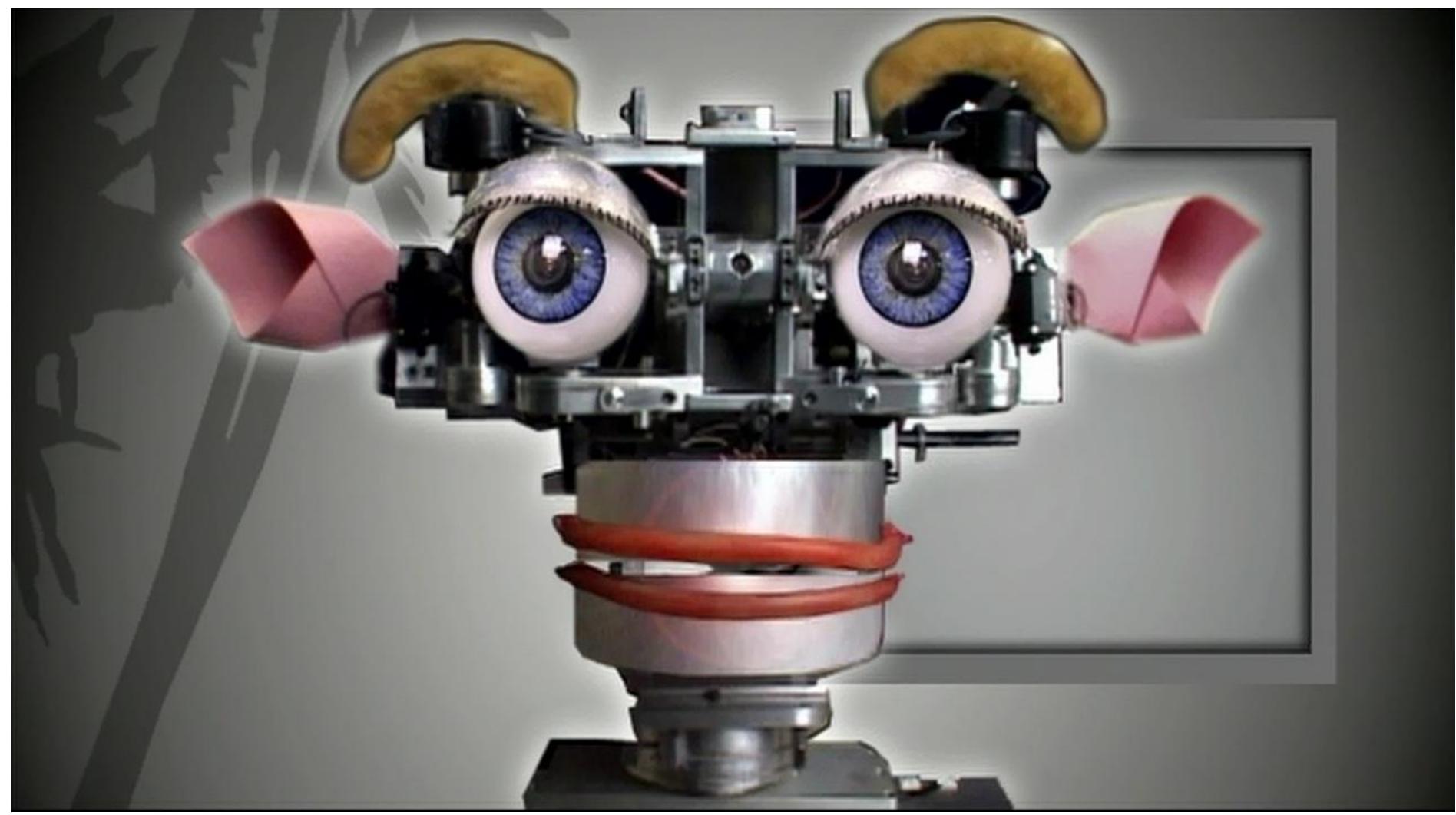 it, becoming its humanoid robot.  Figure 3 — From Three Tales, video opera by Beryl Korot and Steve Reich. Image by Beryl Korot. Act 3, Dolly, robot Kismet  simple gestures. The appearance of the robot at the same time denies the human body and imitates  Moreover, Act 3 opens and closes with the robot Kismet, who is capable of talking and performing 