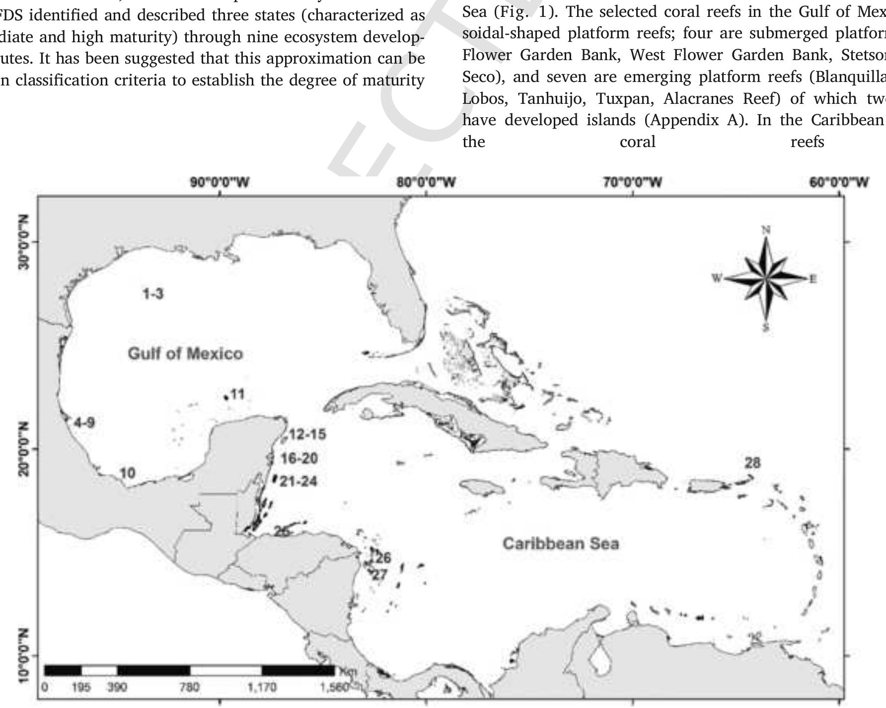Fig. 1. Coral reefs studied in the Greater Caribbean. Gulf of Mexico: 1) East Flower Garden Bank (EB), 2) West Flower Garden Bank (WB), 3) Stetson Bank (SB), 4) Blanquilla (Bla), 5 Medio (Med), 6) Lobos (Lob), 7) Tanhuijo (Tah), 8) Enmedio (Enm), 9) Tuxpan (Tux), 10) Palo Seco (PS), 11) Alacranes Reef (Ala); Caribbean Sea: 12) Punta Nizuc (PN), 13) Puert Morelos (PMo), 14) Punta Maroma (PMa), 15) Akumal (Aku), 16) Boca Paila (BP), 17) Yuyum (Yy), 18) Punta Allen (PA), 19) Punta Herrero (PH), 20) Tampalam (Ta), 21) El Placer (EP) 22) Mahahual (Ma), 23) Xahuayxol (Xa), 24) Xcalak (Xc), 25) Cayo Cochinos (CCo), 26) Media Luna (ML), 27) Cayos Miskitos (CMi), and 28) Virgin Islands (VI). See Appendix A fo description of coral reefs.  Coral reefs have been studied from different points of view and ap- proaches (e.g. community ensembles, beta diversity, ecosystem func- tioning, effects of climate changes) (Arias-Gonzdalez et al., 2008, 2011; Alba-Basurto and Arias-Gonzalez, 2014; Caceres et al., 2016; Rodriguez-Zaragoza and Arias-Gonzalez, 2015), yet there are still significant gaps in the knowledge and understanding of their functional maturity. Theoretical knowledge to date suggests that ecosystems, as do living beings, go through processes of growth and development increas- ing their maturity (Odum, 1969; Ulanowicz, 1986). These processes can be referred to as functional development states (FDS), and is de- fined here as “discrete states of ecosystem growth that differ in geomor-  phological and trophic complexity” and that may or may not be related  to the geological age when large adverse effects of natural origin, an- thropogenic or both occur, leading to a reduction in maturity (Chris- tensen and Walters, 2004), i.e. theoretically it originates a functional reversion state. To date, the assignment of a coral reef to a particular FDS can be carried out through comparisons considering the magnitudes of nine developmental attributes (Argtielles-Jiménez et al., 2020); these could be increased with new studies considering new parameters (e.g. physicochemical) based on the theory propose by Odum (1969). The determination of FDS can help in formulating management plans, so that more rational use of resources can be made in coral reef ecosys- tems with different degrees of maturity; e.g. in immature ecosystems it is important to protect intermediate trophic levels, while in mature systems efforts should be focused on preventive actions for species of higher trophic levels (Argiielles-Jiménez et al., 2020). 