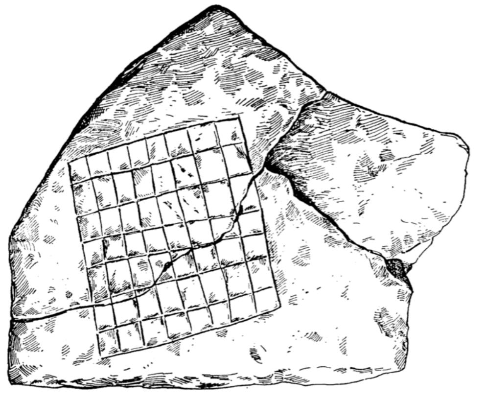 squares (Bell 1979, 84). At this juncture, we would like to stress that the designations used here do not reflect any differentiation in grid-size as so few complete grids remain. Furthermore, any adjustments to grid- size probably did not reflect a substantial difference in game mechanics or underlying rules but would presumably help to tailor the time taken to complete an individual play through, with larger boards leading to lengthier gameplay. Type 1A is the simplest type of ludus latrunculorum board, comprising a series of vertical and horizontal lines arranged in a perpendicular fashion to form the playing squares (see Fig. 1). These boards are the most common in our dataset, with at least 54 examples (or 55 percent of our corpus) securely identified. Type 1B (Figs. 2-3) is differentiated from type 1A by two diagonal lines which bisect the playing squares into four triangles, though it is unclear whether this represents any difference in the playing of the game itself. This may reflect the possibility of diagonal moves, though the available textual evidence provides no support for this hypothesis. Alternatively, this variation may have been purely decorative. In general, this slightly more elaborate type of gaming board is less common with a total of 4 examples attested (4 percent). Boards for playing ludus latruncolorum are known in 