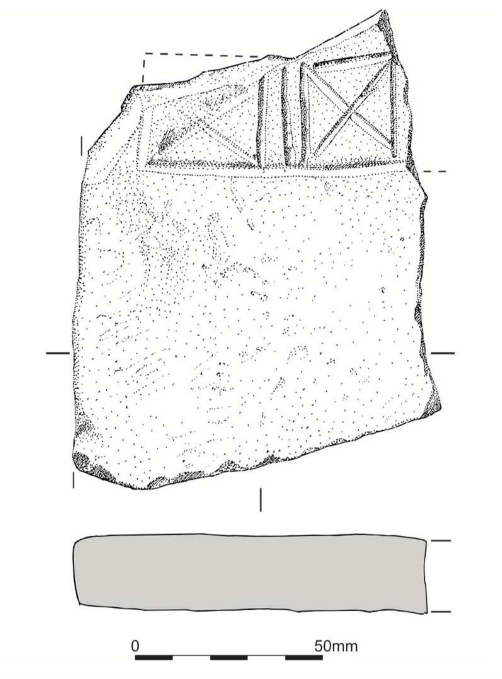 However, the easy recognizability and simplistic design of Ludus Latrunculorum boards may cause confusion. For instance, items from Venta Icenorum (Fig. 4), Balmuildy Fort, East Dunbartonshire (not illustrated), and a stray find from Ravenglass (not illustrated) all feature grids formed from lines scored into the surface of tiles. All of these items were reported as being possible gaming boards based on the presence of scored chequerboard  