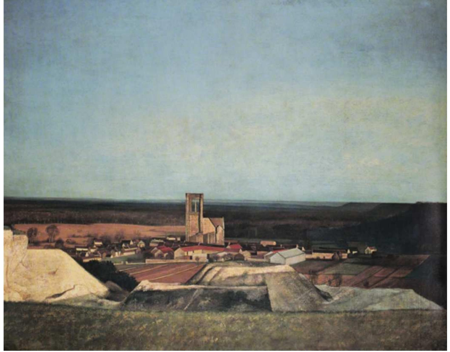 1ouses are regimented into an austere convocation of geometric planes. As in some of Cézanne’s landscape, there is nothing nearby. A field leads down at an indeterminate ingle toward a quarry, and the town only begins in the far distance. The quarry has a p ind a central mound of tailings, and it is not a coincidence that Cézanne was attracted he same two forms in his paintings of the Bibémus quarry. The heap is an attractive »bstacle: that is, a body, or the faint echo of one. It is soft and truncated (in Cézanne’s yaintings, the Bibémus quarry is more formidable, riven with impassable clefts and »verhangs), and in the distance the mound is completed by the even more strongly figt shape of an old church. Larchent is painted in parsimonious late—-winter colors,  smothering any strong chromatic effect and putting a chill on Balthus’s accustomed  of the small town of Larchent. The picture is unmoving and empty, and the town’s few 