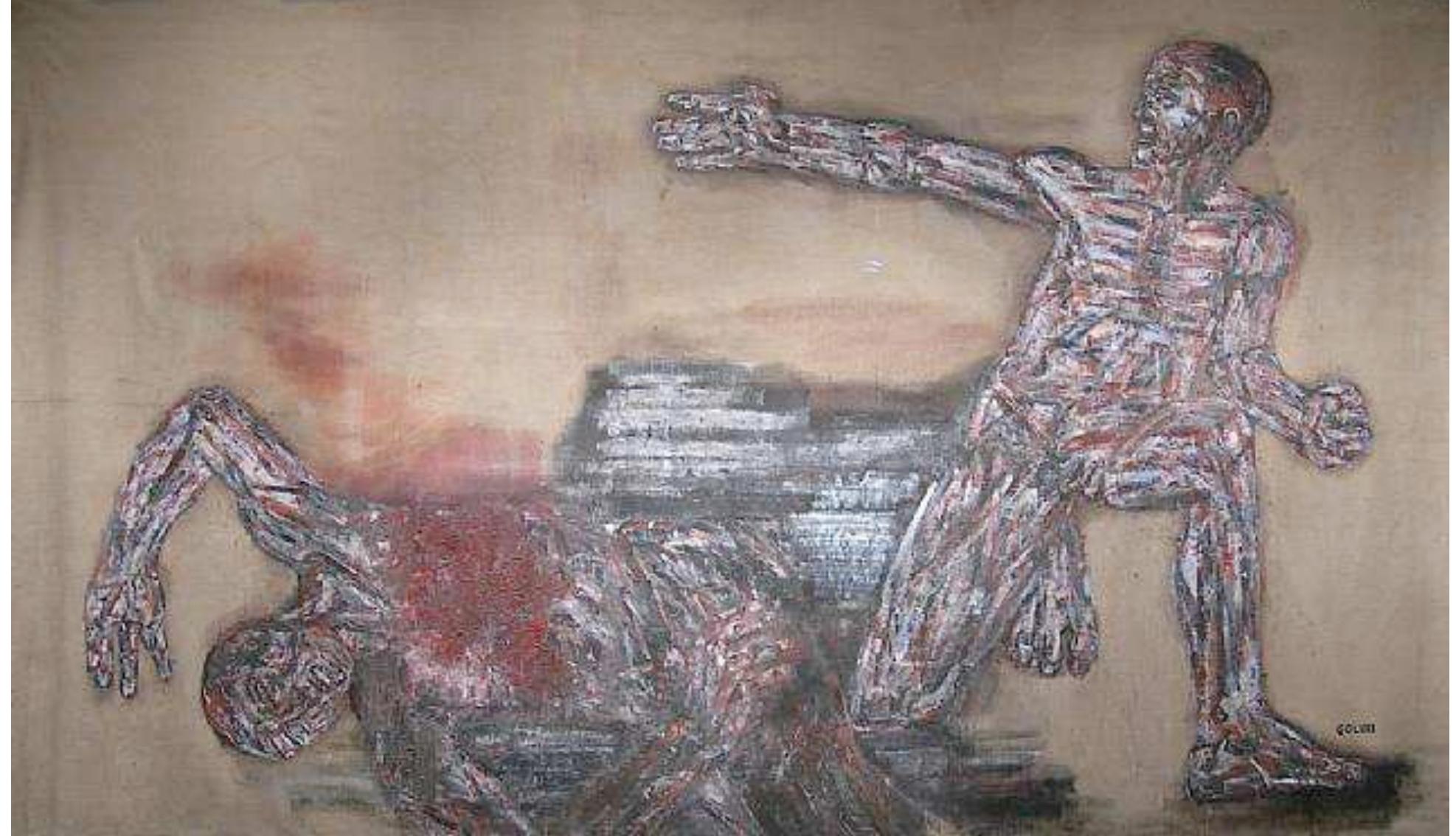 (he dissolved part of the paint with a solvent, and sometimes then scraped the images with an eight-inch meat cleaver), and the reference to skin becomes more forceful when he cuts the  canvas itself, so that the picture becomes a “skin hanging on a wall.”* In general a cut or opened  And finally, skin also has to be a continuous surface, unbroken except for orifices. There  is some evidence that one of the original etymological senses of “skin” was “cut,” perhaps because of the association between animal hides and human skin. Irish cneas, skin, is related to cned,  Do «  wound, and similar examples can be cited in other languages, with words such as “tear,” “scrape,” “rub,” and “cut” clustering around words for “skin” and “hide.”* Since canvas and paper are often implicit skin metaphors, when they are cut the reference to skin can become explicit. Leon  Golub’s paintings of monumental figures raise the question of skin by their unusual technique  Golub’s paintings of monumental figures raise the question of skin by their unusual technique 