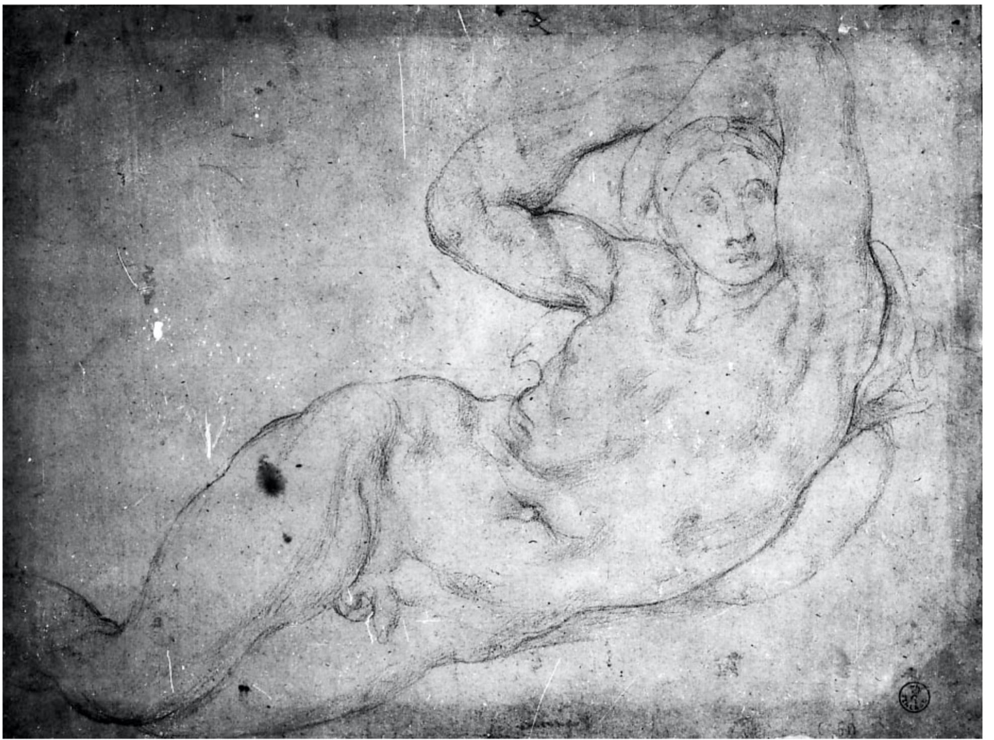Pontormo’s drawings are especially vexed on the subject of skin. This drawing was done in the last few years of his life, and is typical of the work he did for the destroyed frescoes in San Lorenzo—it is at once elegant and tortured, ornamental and awkward. The figure looks unstable: like a see-saw, it could tip either way, or float effortlessly in space like a spent helium balloon. Perhaps it occupies a flat plane, as if pressed under glass; but then again it may lie in an uncertain volume or recede voluptuously. It is also metrically unstable, and atrophies unexpectedly: at first  the shoulders and arms bulk too large for the feminine pose, but they waver and end in faintly  Pontormo’s drawings are especially vexed on the subject of skin. This drawing was done  skin is elided: skin is inconceivable in the sense that it does not present itself as part of what a pictured body might be, even though it is represented as any number of things. Still, it is important to be cautious in correlating skin metaphors with determinate meanings: it’s appropriate that the skin of a haughty aristocrat looks chilled or embalmed, but it doesn’t make sense that a figure of Venus should be clammy or damp. I don’t think Renaissance painters such as Bronzino, Michelangelo, or Raphael thought of skin in any consistent way as a symbol, and that is because they did not often think of skin at all: their minds were on marble, or abstract  smoothness, or perfect warmth. 