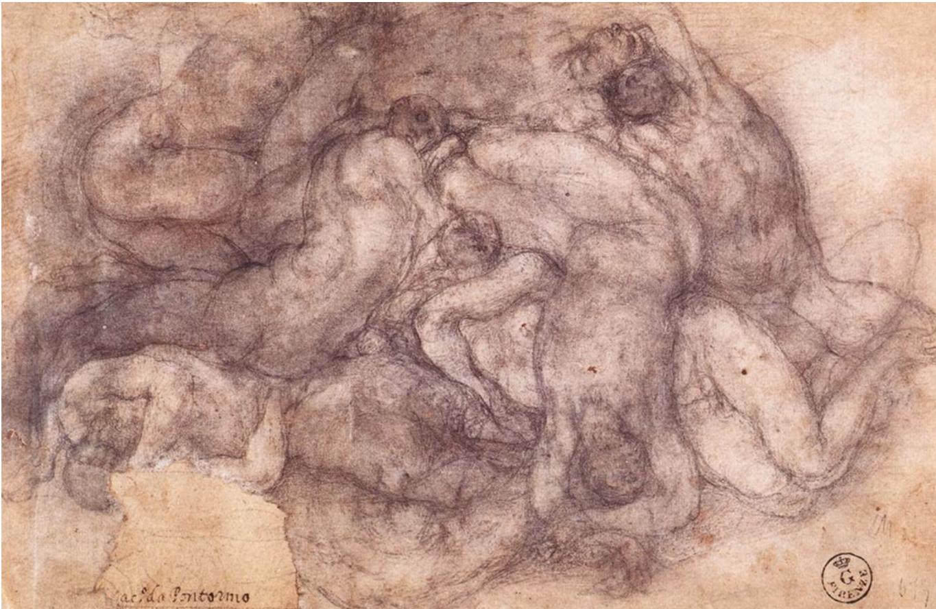 happens to skin even in the restricted range of sixteenth-century Florentine and Roman art. The  These few quick examples show how much work remains to be done to understand whi  Creeping flesh and open sores:  The body of the painter Griinewald  mitted the heads altogether from the initial studies for the Last Judgment, and either studied 1em separately or filled them in from his imagination. In some instances he left ghostly, half- alized outlines atop naturalistically elaborated bodies. Yet in Michelangelo the missing head: nd half-limbs are simple absences; in Pontormo they are—formally speaking—wounds, becat 1e atrophied figures are complete rather than fragmentary."' In drawings like Pontormo’s, ski absent in two different ways: on the body, the liquid metaphors that replace an observed ski: re figures for the mind’s restlessness, and for the deliquescence of disegno; and on the head, t at geometric absence of skin is a figure for the difference between the body (conceived as an  rticulable torso, with variable motions and poses) and the head or the terminal forms of the  mbs (conceived as expressive additions to the body). (Another drawing for the lost fresco bel  iis time a study for figures drowned in the Biblical flood.)  smal a  stretching, turning, wrapping, and distorting, and on pain and monstrosity. Unlike 