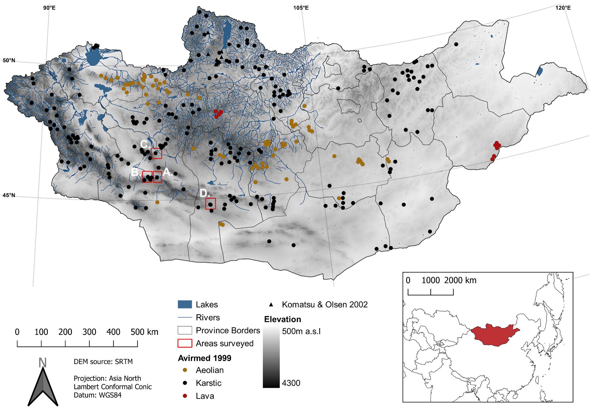 Fig. 1. Map of recorded Mongolian caves. The four red boxes mark regions surveyed as part of this paper: (A) Tsakhiryn Nuruu. (B) Aguin Nuruu. (C) Gazar region (D) Saalit region and Chikhen Agui. See Fig. 4 for insets. (For interpretation of the references to colour in this figure legend, the reader is referred to the Web version of this article.) 