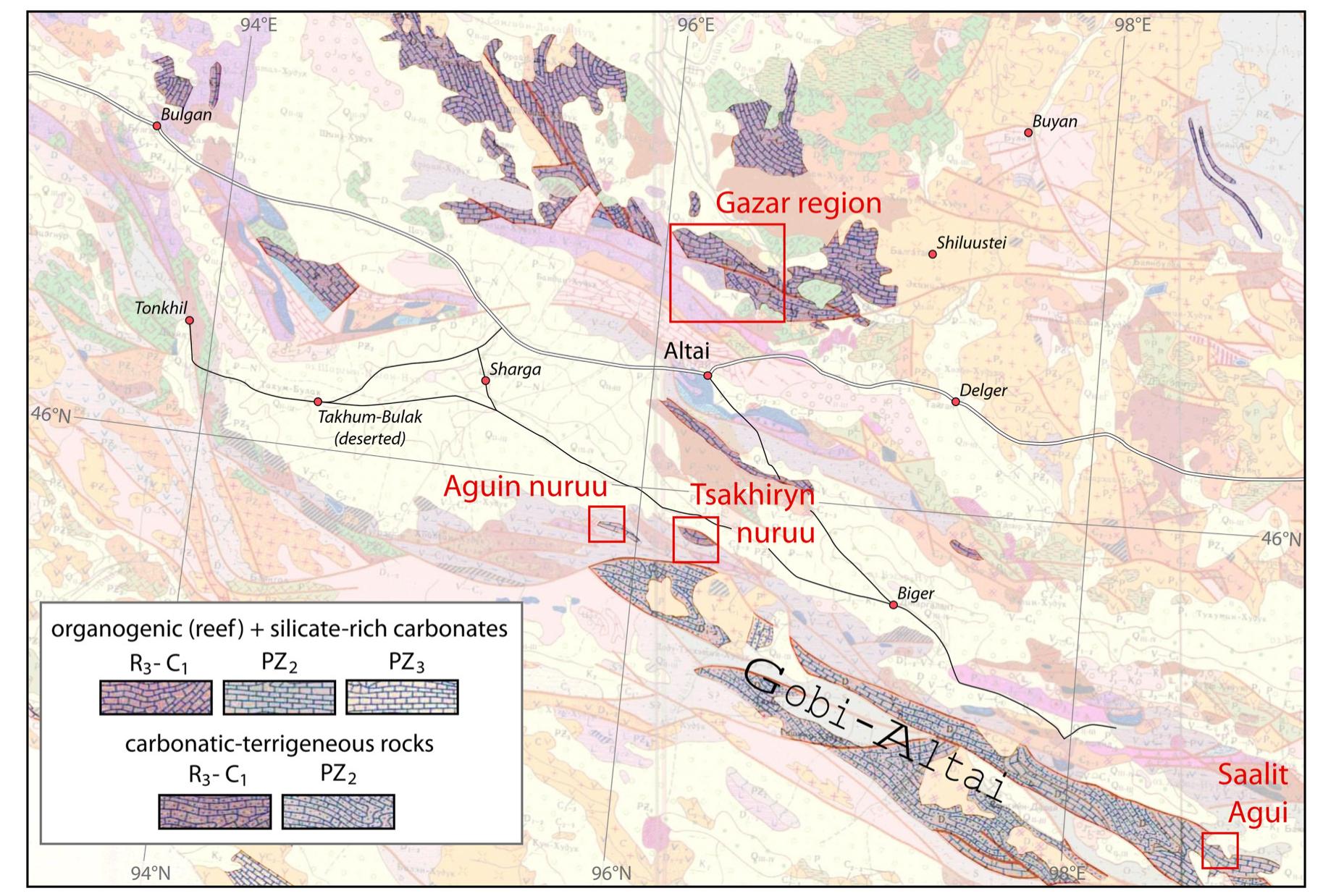 Fig. 3. Karstifiable rock types in the surrounding of the Gobi-Altai, with study regions discussed in the main text highlighted with red inserts. Geological information modified from Yanshin et al. (1989). (For interpretation of the references to colour in this figure legend, the reader is referred to the Web version of this article.) 