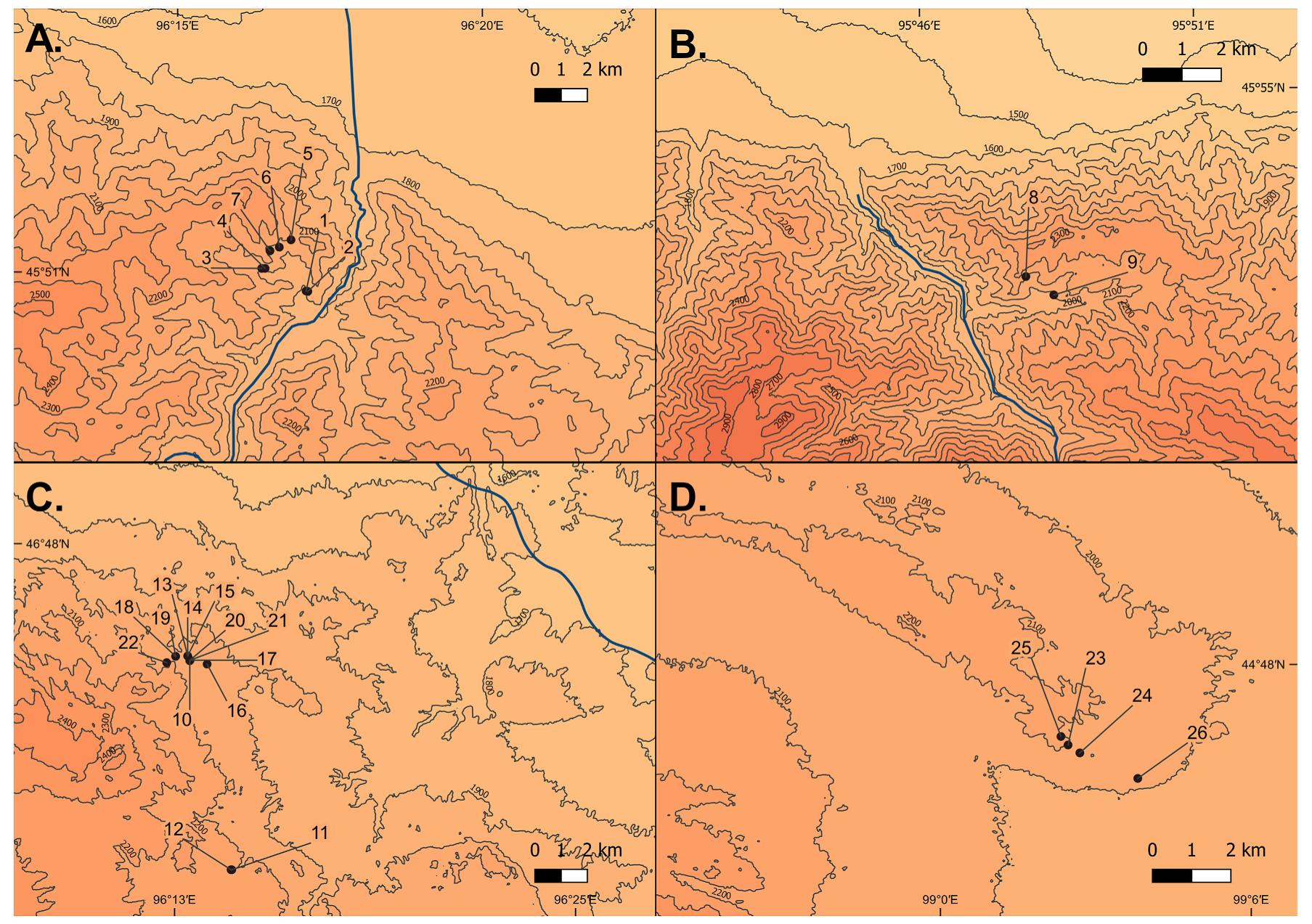 Fig. 4. Cave locations found through surveys and relevant water bodies. A. Gorge of Tsakhiryn Nuruu. B. Gorge of Aguin Nuruu. C. Gazar hills. D. Saalit caves and Chikhen Agui. Sites labelled are: 1. Tsakhiryn Agui 1, 2. Tsakhiryn Agui 1 b, 3. Tsakhiryn Agui 2, 4. Tsakhiryn Agui 3, 5. Tsakhiryn Agui 4, 6. Tsakhiryn Agui 5, 7. Irvesiin Agui, 8. Nuramt Tsakhir Agui, 9. Khongil Tsakhir Agui, 10-22. Gazar Agui 1-13, 23. Saalit Agui 1, 24. Saalit Agui 2, 25. Saalit Agui 3 26. Chikhen Agui — See Table 1 for individual coordinates. 