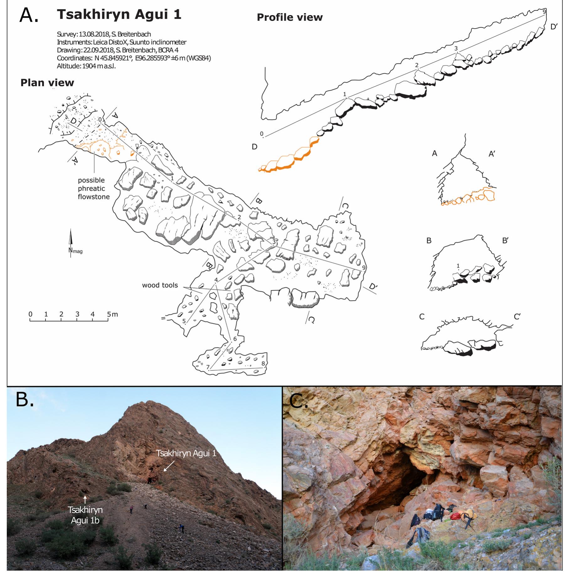 Fig. 5. A. Plan, profile and section drawings of Tsakhiryn Agui. B. Large debris cone that leads to entrances of 3 caves (credit: S. Breitenbach). C. Entrance tc Tsakhiryn Agui 1, with sampling gear for scale (credit: A. Kononov). 