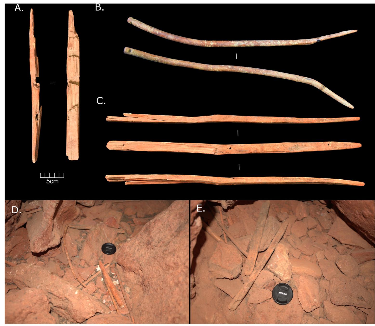 Fig. 6. Organic finds from Tsakhiryn Agui. A. Fragmented wood beam (TSA-2018-200001), B. Possible wooden whip handle (TSA-2018-200011), C. Fragment of ge lattice (TSA-2018-200002), D. First locus, wood tools in cave floor crevice (8 cm lens cap for scale) E. Second locus, wood tools. 