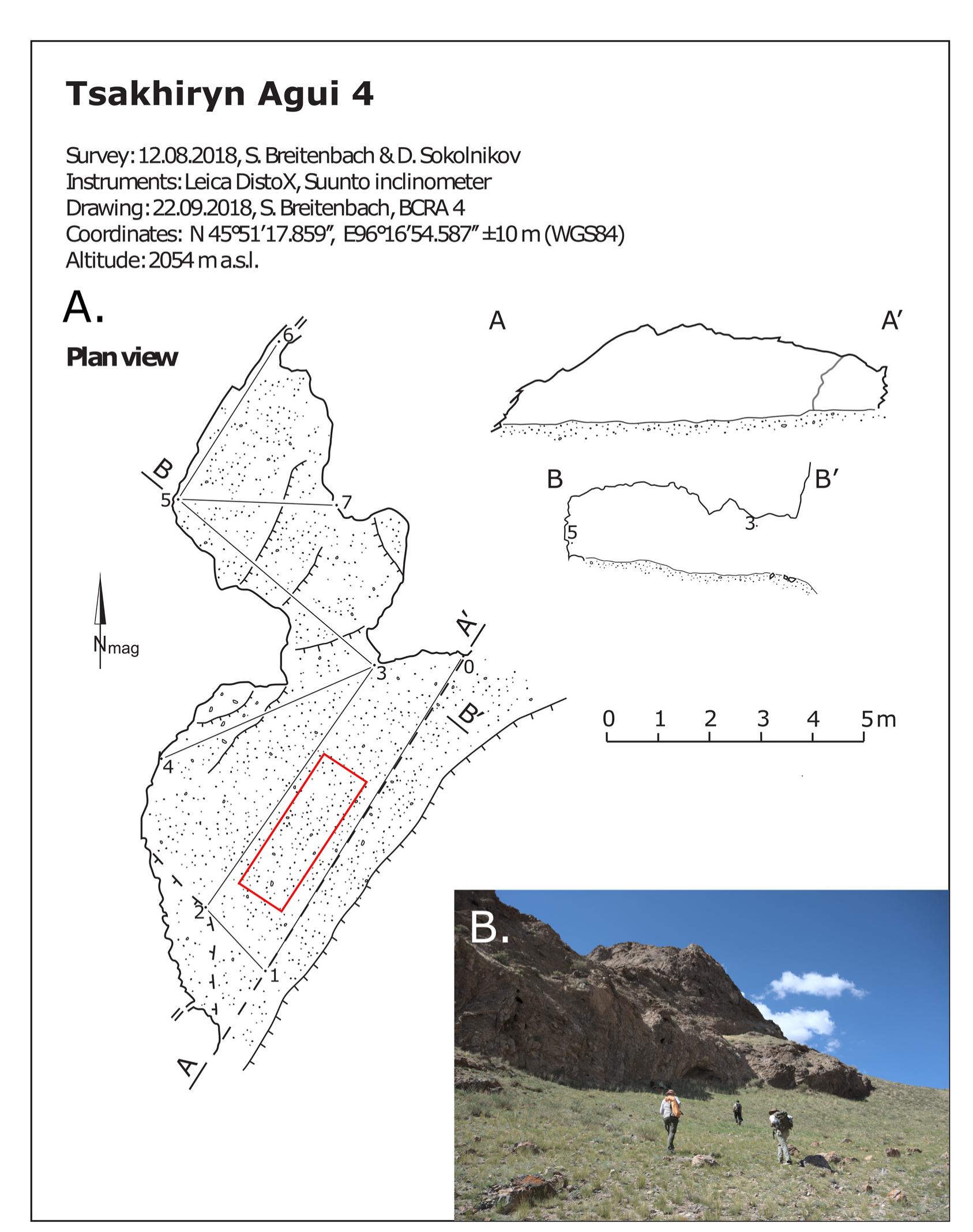 Fig. 8. A. Plan and cross section drawings of Tsakhiryn Agui 4, Red rectangle marks the excavated area. B. Escarpment towards entrance of Tsakhiryn Agui. (For interpretation of the references to colour in this figure legend, the reader is referred to the Web version of this article.)  Radiocarbon dating of wood pieces Tsakhiryn Agui 1.  Table 3 
