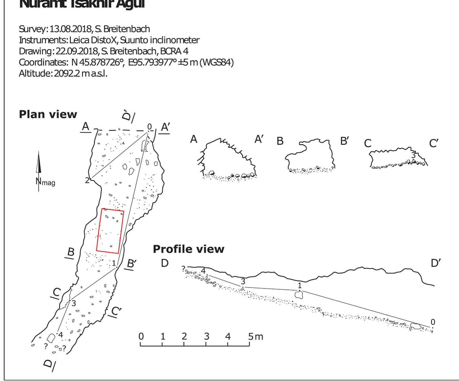 Fig. 10. Plan and profile drawings of Nuramt Tsakhir Agui with red square outlining excavation area. (For interpretation of the references to colour in this figure legend, the reader is referred to the Web version of this article.) 
