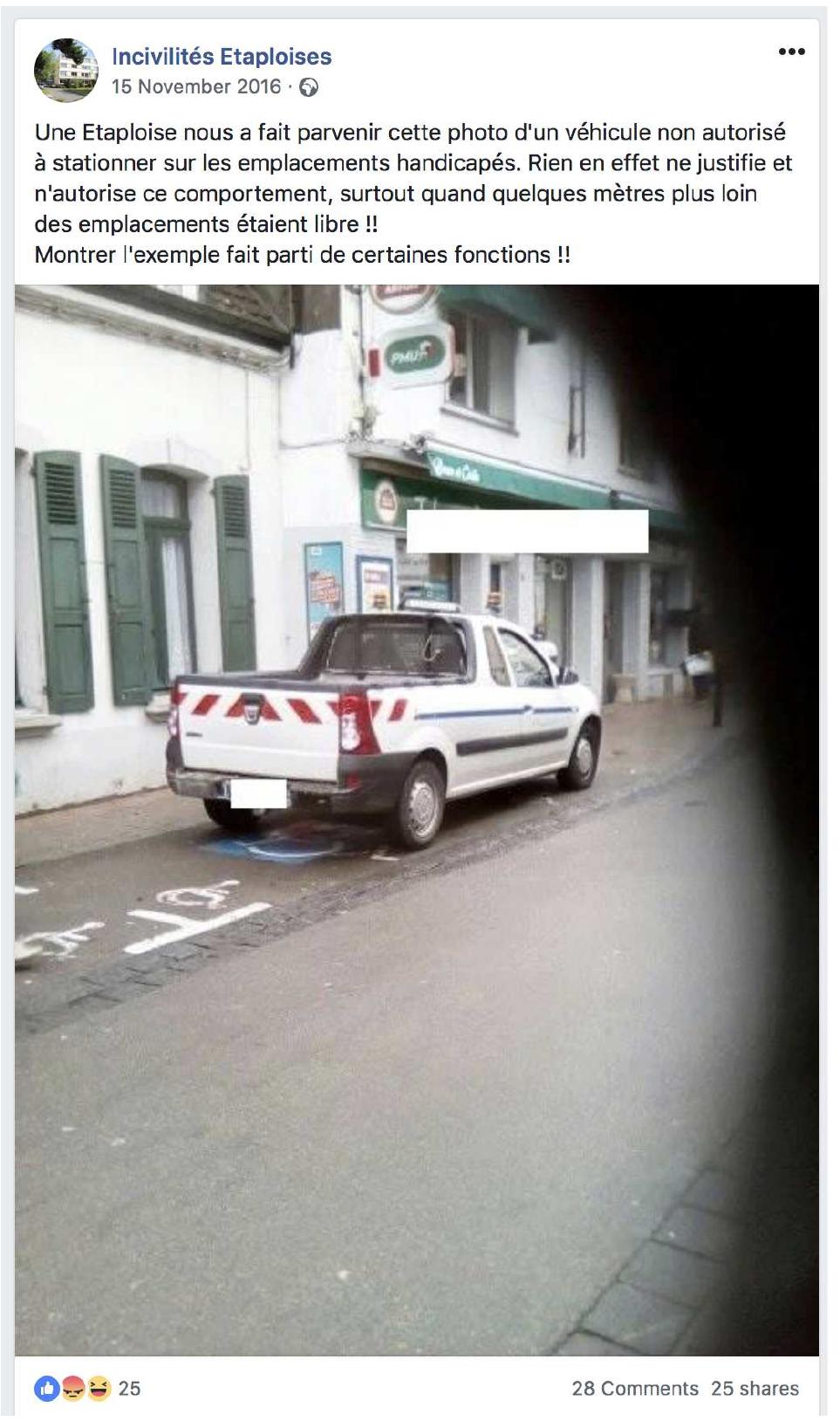 Figure 3. ‘Incivilités étaploises’ Facebook page, captured 10 July 2017. Status translation: ‘A  . Some users admit to following the page only in order to check if anything is being said  disabled space. Indeed, nothing justifies nor authorises such behaviour, especially when there 