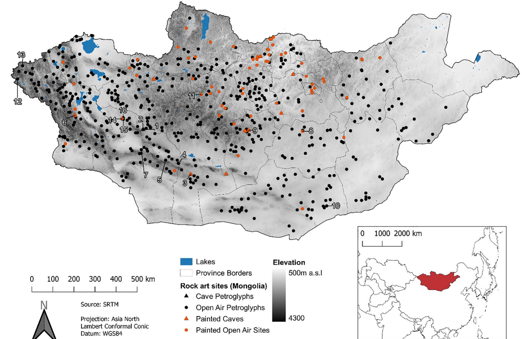 Fig. 1. Map of recorded rock art sites (petroglyphs, painted sites) in Mongolia. Sites mentioned in the text: (1) Gazar Agui 1, (2) Gazar Agui 13, (3) Saalit Agui, (4) Unegt Uul, (5) Shakhar Tolgoi, (6) Khoid Tsenkher, (7) Tsagaan Gol, (8) Baga Gazryn Chuluu, (9) Toonot Agui, (10) Javkhlant Khairkhan, (11) Bukhantyn Khad, (12) Aral Tolgoi, (13) Tsagaan Saala and Baga Oigor, (14) Byatsakan, (15) Salkhit, (16) Sazyn Khond. Labelled sites correspond to S.I. Table 1. Data from Terguunbayar and Ankhsanaa (2019). Figs. 1 & 2 and Batbold et al. (2016. pp. 20-21 & 66-67).  Dating rock art is, notoriously difficult. The common source of ma- terial used for chronometric dating of rock art, carbonate or organic material, is generally absent in most sites. Attempts have been made in other regions to chronometrically date the surfaces that non-organic rock art appears on (Watchman, 2000; Liu, 2018), providing a maximal age, but these have met with little success. Recent research has aimed to improve dating by verifying qualitative temporal assessments through microanalytical and chemical analyses (Macholdt et al., 2018). Given the problems of chronometric dating, chronological assignments of rock art in Mongolia are typically made through the analysis of themes, styles, and techniques (Jacobson-Tepfer, 2013), with the appearance of domesticated animals, for example, serving as an important temporal marker. This approach has been routinely used  Life in the Gobi region was transformed by the transition from hunting to mobile pastoralism, aided by the horse, which enabled early herders to make use of the region’s expanding grassland. The first domesticated caprines and bovines occur in Central and Western Mongolia, indicating the appearance of pastoralism on the eastern steppe at ca. 5000 cal BP (Kovalev and Erdenebaatar, 2009; Wilkin et al., 2020b). Archaeological, skeletal and genetic evidence indicate a rela- tively late adoption of livestock among hunter-gatherers of the Gobi Desert, perhaps dating to ca. 3500 cal BP (Janz et al., 2017; Jeong et al., 2018; Wilkin et al., 2020a). Precise evidence for the transition from hunting and gathering to pastoralism, and the timing of the spread of domesticates across Southern Mongolia generally remain uncertain, although pottery with dairying lipids in the eastern Gobi has been found to date to ca. 3600 cal BP (Janz et al., 2020). The expansion of pasto- ralism appears to have coincided with climatic deterioration (Miehe et al., 2007; Klinge and Sauer, 2019; Rosen et al., 2019). Changing subsistence and land use patterns may have eventually led to over- grazing and deforestation (Janz et al., 2017). Given that stratified sites and well-preserved faunal assemblages are rare in the Gobi Desert, and more generally across Mongolia, understanding human subsistence choices and the dynamics of the hunting-herding transition in this region 