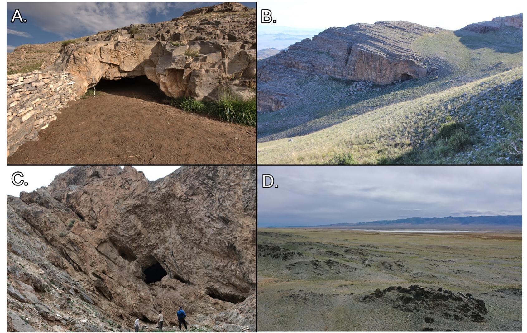 Fig. 2. Rock art site contexts in the Gobi-Altai region. (A) Gazar Agui 1 showing its entrance. (B) Gazar Agui 13 and its surrounding landscape. (C) Saalit Agui showing its geological context. (D) Unegt Uul schist outcrops and the position of Khutag Nuur (lake).  The motifs and symbols we documented at the four Gobi-Altai sites share morphological characteristics that are similar to documented petroglyphs from other sites in the Gobi-Altai and to those at Arkhangai, Bayan-Ulgii and Umnugobi provinces, implying cultural connections among the Khangai, Altai, and Gobi Desert regions as early as the Mesolithic. The paintings of Saalit Agui contain two of the three com- mon images in ochre paintings found throughout Mongolia, namely anthropomorphic figures and “X” symbols (Batbold et al., 2016). “Xx” symbols are found in different regions and sites, such as the open-air sites of Baga Gazryn Chuluu and Toonot Agui (Batbold et al., 2016, pp. 48-49). The anthropomorphic figures found in Saalit Agui have the same stance as the petroglyphs in Dalain Duulga (Batbold et al., 2016, p. 191,199), Javkhlant Khairkhan in the Umnugobi province (Tseveendorj et al., 2004) and Aral Tolgoi in Bayan-Ulgii (Kubarev, 2007, Fig. 6 (37); Jacobson-Tepfer, 2015, Fig. 4.1). The raised arms, crouched legs, and linear protrusion between the legs of these figures (Fig. 8 B, C) have been referred to as Mesolithic representations of “birthing mothers” (Jacob- son-Tepfer, 2015). Their widespread presence across Mongolia may  The petroglyphs at Unegt Uul suggest use of this locality across the Bronze and Iron Ages. However, the rider with a bow, which dates to ca. 3000 cal BP or later, is pictured alone and is separated from panels depicting wildlife. The panels of wildlife (such as in Panel 1.7) are more likely depicting the biodiversity encountered by pre-Late Bronze Age hunters. Middle Bronze Age technologies and domesticates, including the cart pulled by a bovine in Panel 1.10, mirror similar figures found in Sazyn Khond, in the Bayan-Uul county of Gobi-Altai (Batbold et al., 2016, fig. 212). The continuous use of desert varnish outcrops across different periods is quite common in other parts of Mongolia. For example, the petroglyph site of Shakhar Tolgoi, located in the same 