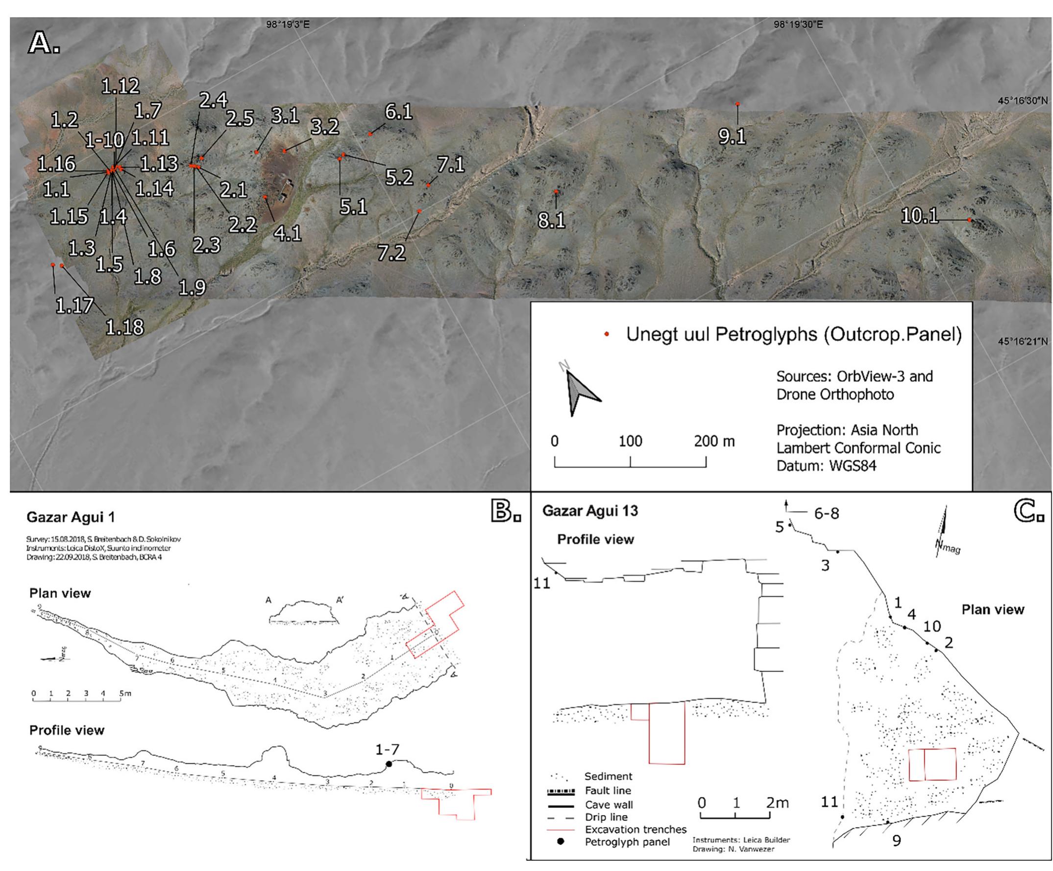 Fig. 3. (A) Satellite and drone map of Unegt Uul with labels indicating outcrop number and panel number of petroglyph locations. (B) Plan and section of Gazar Agui 1, with location of petroglyphs. (C) Plan and section of Gazar Agui 13, with location of petroglyph panels.  The faunal rock art depicts a variety of wild animals that might reflect a forested/marsh landscape, linked to Early Bronze Age climates. At Unegt Uul, the main panel (1.7) has a large number of caprines present in the panels, which may attest to their continued ubiquity in the landscape throughout the Holocene. However, other taxa such as deer, boar and moose — adapted to forest conditions - are uncommon in the  In contrast to earlier periods, the predominance of Iron Age econo- mies and technologies, specifically mounted horseback riding in some panels, suggests that this innovation was necessary for expanded use of 