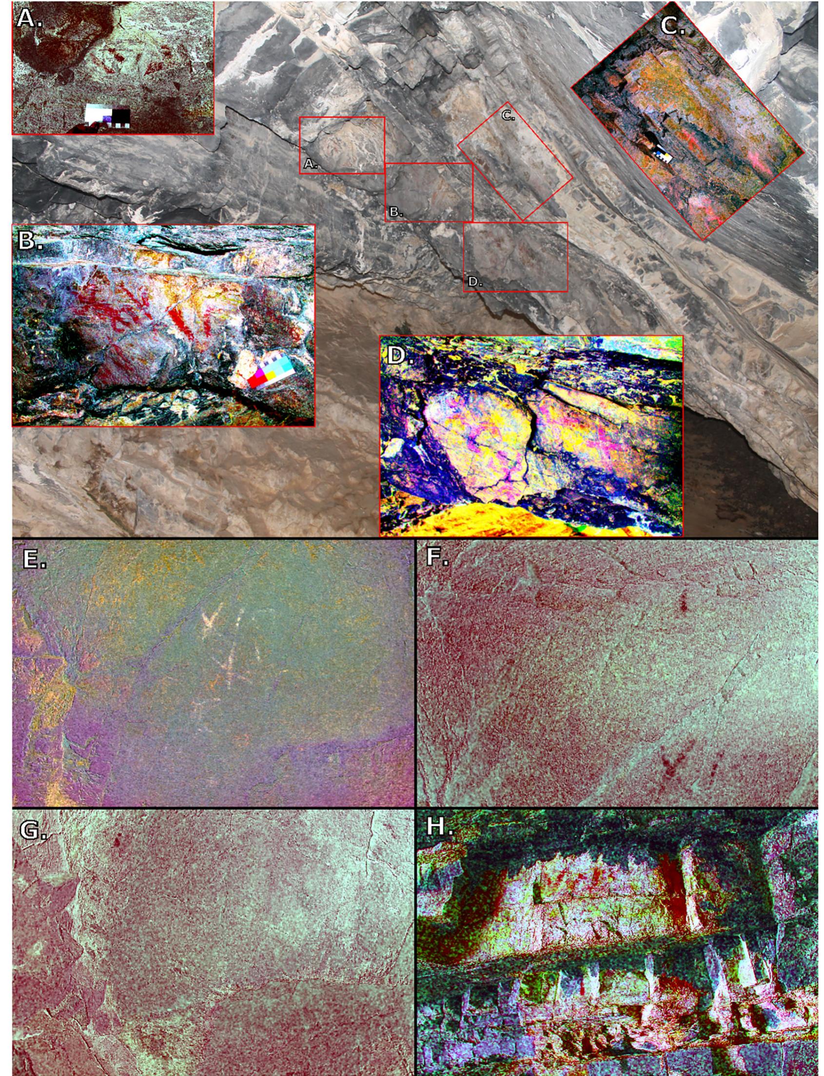 Fig. 6. Rock art from Saalit Agui. (A) Panel 1a with DStretch YRE (15%) showing four painted lines. (B) Panel 1b with DStretch YRD (15%), showing an anthro- pomorph, two “X”s and four lines. (C) Panel 1c with DStretch LBL (15%) showing two “X”s. (D) Panel 1d with DStretch YBK (15%), showing two anthropomorphs and two “X”s. (E) Panel 2 with LABI (15%), showing two “X’s, two lines, and possibly the head of caprine. (F) Panel 2 (upper) with small ochre line, previously not  recorded DStretch YRE (15%). (G) Panel 6 with DStretch YRE (15%), with newly records painted line. (H) Panel 5 with DStretch YRD (25%), with two broken “X”s, a line and painted corner (top right).  Modern activity may also be considered an on-going threat to the long-term preservation of rock art in Mongolia. Modern pecking and scratching of Mongolian petroglyphs is a common occurrence, though some researchers see it as part of the rock art’s on-going life cycle (O’Sullivan, 2020). Despite this view, vandalism is a significant problem for the long-term preservation of ancient forms of rock art. Our newly documented assemblage at Gazar Agui 1, for example, shows well  and freeze-thaw phenomena, affecting rock art preservation, which is < common problem across Mongolia (Jacobson-Tepfer, 2019, p. 71). Ir addition, humidity changes encourage wetting and drying processes a: well as haloclasty. Furthermore, due to the absence of vegetation aeolian mobilization of sand, dust and salt erode surfaces with petro glyphs. Soft metamorphic rocks, such as the schists at Unegt Uul, exfo. liate naturally at a rate of 1-10 mm per millennium (Bednarik, 2017). I is therefore anticipated that freeze-thaw cycles will contribute to ar 