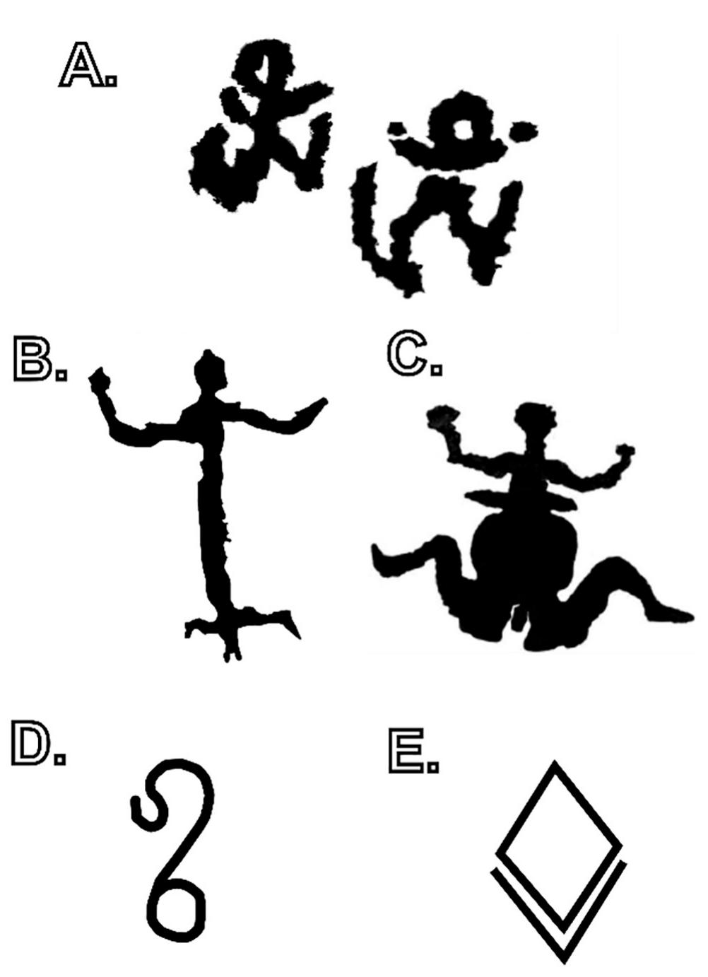 Fig. 8. Rock art and tamga symbols similar to those found in this article. (A) Outline of ochre painted anthropomorphic figures from Bunkhantyn Khad (adapted from Batbold et al., 2016, fig. 14). (B) Outline of petroglyphs of Pre- Bronze Age “birthing women” from Aral Tolgoi (adapted from Jacobson-Tepfer, 2015, Fig. 4.1). (C) Outline of Bronze Age, more detailed, “birthing woman” in the Biluut Petroglyph Complex from Kortum (2014), fig. 19. (D, E) Two tamga symbols similar to those found in Panel 1, 11 and 6 at Gazar Agui 13 (adapted from anonymous source in Fijn, 2011, Fig. 4.4). 