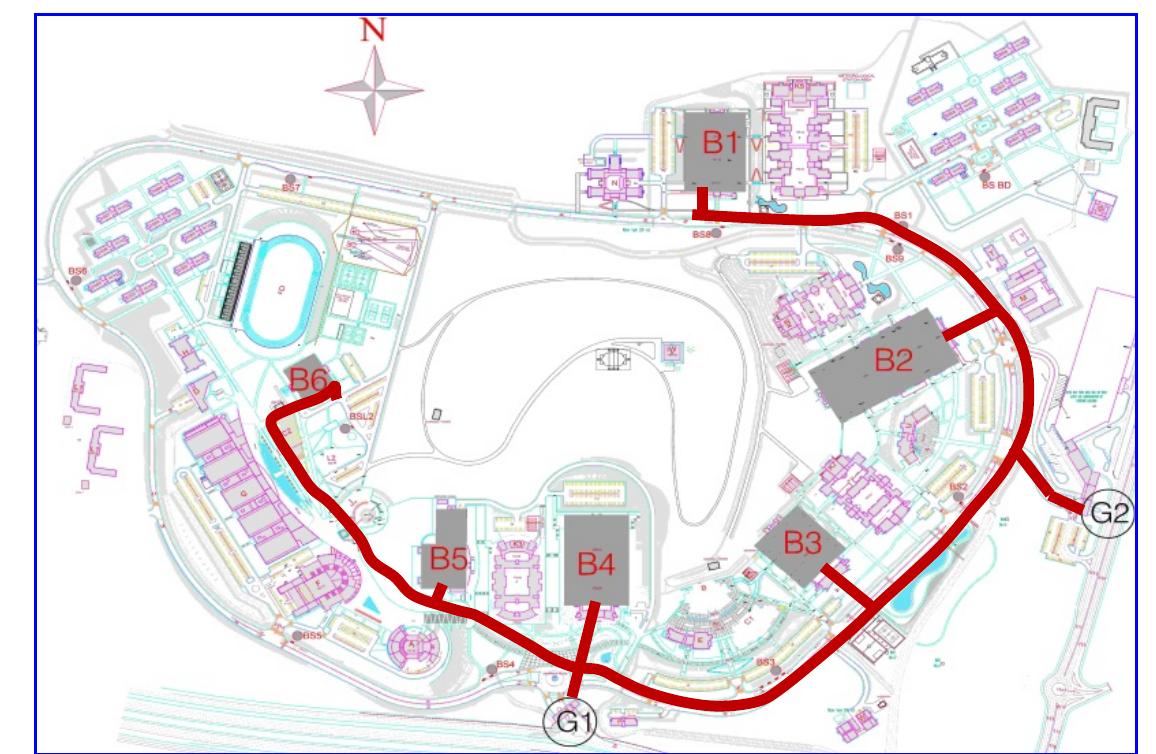 in Figure 1. The campus has two gates used for both vehicular and pedestrian accesses. The main gate is located at the south of the campus on Rapareen Road, and the secondary gate is located at the west of the campus on Qlyasan Road. Pedestrian walkways start from both gates, continue along the main street on both ends, and then branch out through the entire campus to each building. Due to a large number of students for all teaching building that exceeds more than 16000 students and to limit the study, 60% of teaching buildings are selected for the empirical study. Therefore six teaching buildings among ten were selected to observe and calculate pedestrian speed while walking from an origin, which is either the main gate (G1) or the secondary gate (G2), to their destination, which are B1, B2, B3, B4, B5, or B6, as shown on the master plan in Figure 1.  Fig. 1. Master plan of Sulaimani University new campus showing the selected teaching buildings arranged on a curvilinear street: B1; College of Language, B2; College of Science, B3; College of Basic Education, B4; College of Engineering, B5; College of Fine Arts, B6; College of Fine Arts, Gl: Main Entrance, G2: Secondary Entrance), Source: (Directorate of Building Construction- Presidency of Sulaimani University) 