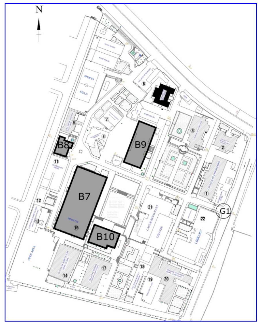 Fig. 2. Master plan of Sulaimani University old campus showing the selected teaching buildings: (B7: College of Medicine, B8: College of Veterinary, B9: College of Educational Science, B10: College of Pharmacy, G1: Main Entrance, G2: Secondary Entrance), Source (Directorate of Building Construction- Presidency of Sulaimani University)  spaces, keeping an optimum distance between the buildings, as shown in Figure 2. For the empirical study, four teaching buildings were selected on the old campus to observe and calculate pedestrian speed while walking from the origin, which is the main gate (G1), to a destination (B7, B8, B9, and B10) as shown on the master plan in Figure 2. After selecting the teaching buildings (shown on the master plan), data were for each building: (B7) College of Medicine; (B8) College of Veterinary; (B9) College of Educational Science, and (B10) College of Pharmacy.  