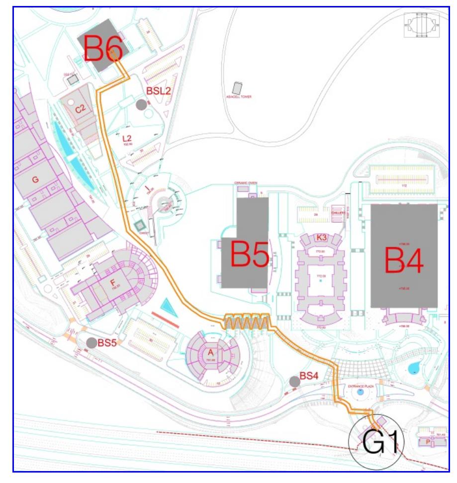 4 shows a sample of the walkway length which pedestrians use to reach their destinations.  Fig. 4. A sample of the walkway length on campus master plan from gate main gate G1 to B6 