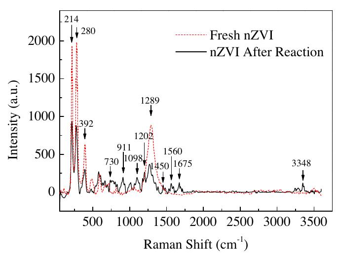 Raman spectra of nzvi surfaces before and after reaction