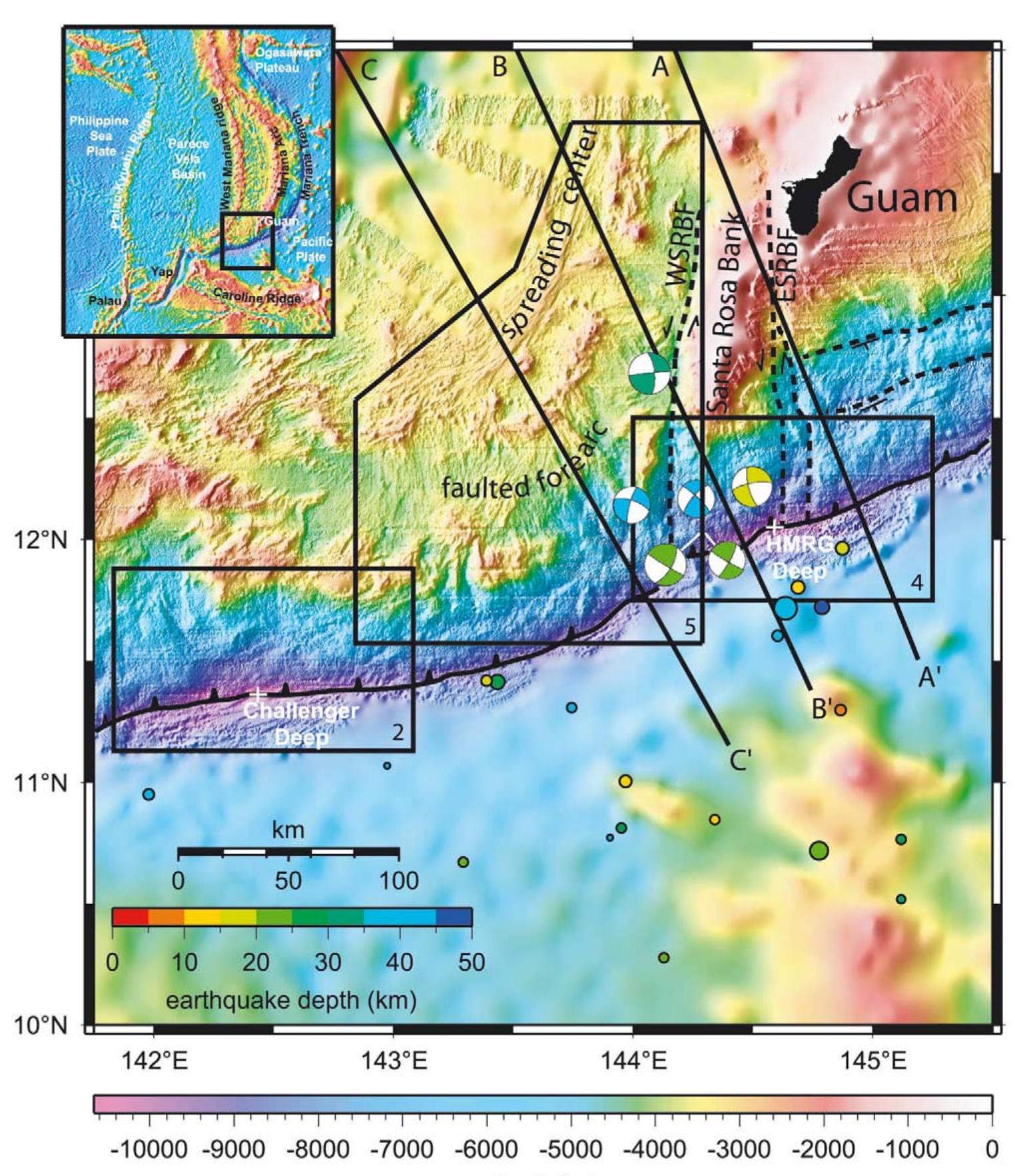 Color shaded relief bathymetry map of the southern mariana