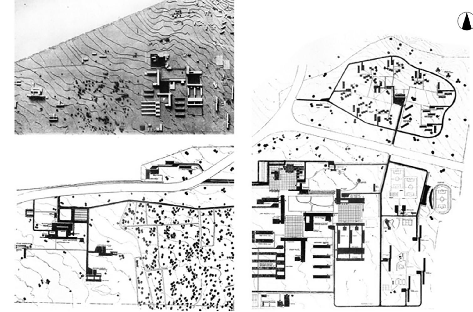 Figure 3. Winning project for Ege University campus by Doganci (Source: Arkitekt 3, 1959).  The other three campuses were based on similar design principles, including the creation of open spaces close to the faculties, as the most ob- vious spatial characteristic of the win- ning projects of later campuses in the 1950s. For example, for the Ataturk University campus design (Figure 2),  mirroring that of METU, a pedestrian alley, free of traffic, was suggested as a linking spine, giving access to the sur- rounding buildings (Cinici and Cinici, 19). The project featured a monumen- tal alley that was described as a key element in the production of a “the university aura’. The intention was for social interactions in the community to be promoted as a result of informal interactions in the alley, while three different zones were defined, being academic, residential and social, while the main traffic road was structured to intensify the zoning of different functions. The campus has a spacious composition, with buildings located around the edge of the area and along a ring-road system. The physical re- lationship between the Ataturk Uni- 