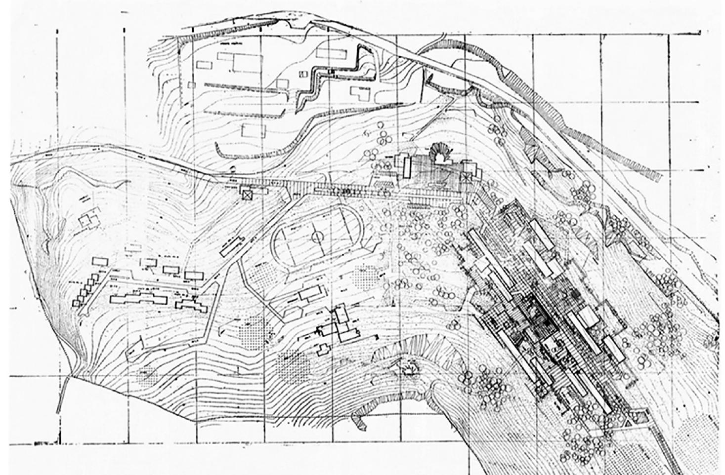 Figure 4. Winning project for Karadeniz Teknik University campus by Giiner and Polatoglu (Source Mimarlhk 1, 1971).  The Ege University campus is locat- ed just outside the Bornova district of Izmir, and was designed as two sepa- rate zones, with the hospital and med- ical faculty buildings in the west part isolated from the academic facilities and library building in the east part. The campus has a laminar arrange- ment, with buildings and open spac- es located around a grid road system, intensified with secondary roads. The major educational precincts are ar- ranged as enclaves, and are connected to each other by long pedestrian ac- cess routes and vehicular roads. Open spaces in the form of quadrangles and plazas were established close to the faculty buildings (Arkitekt, 1959, V.3, 09). As stated in the jury report, the plazas were kept to a human scale and the faculty buildings were directly connected to other important spac- es, such as the dining area and library Figure 3). The inner courts of faculty   The current layouts of these four campuses (Figure 5) reveal that the main spatial principles of the ini- tial plans, including the main zones, vehicular access roads and singular public spaces around the academic units have been maintained as origi- nally planned, other than for the new additions. The educational buildings, residences and techno-cities in four  