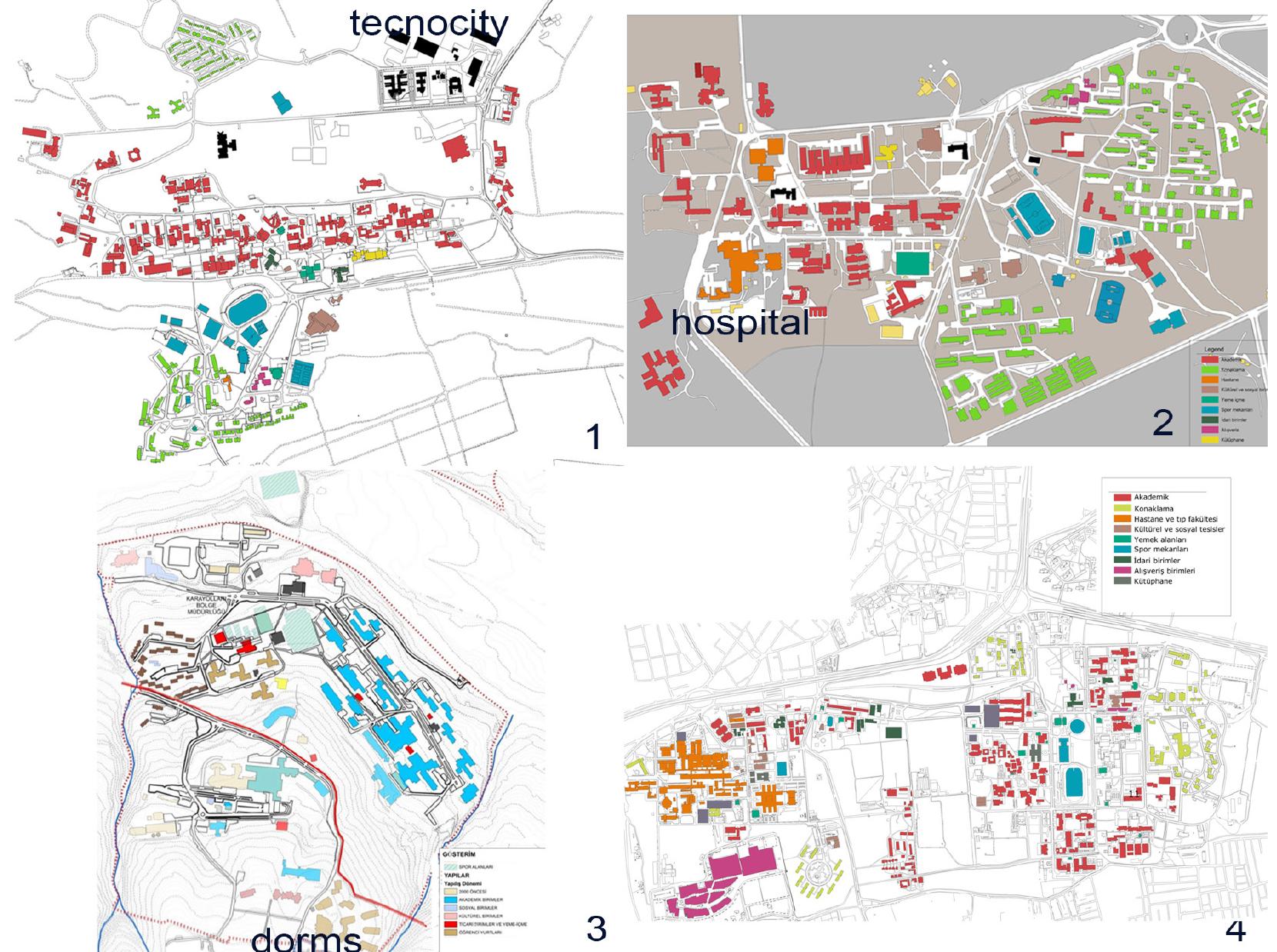 Figure 5. The current layouts of these four campuses after new buildings added. These images are coloured by the author. 
