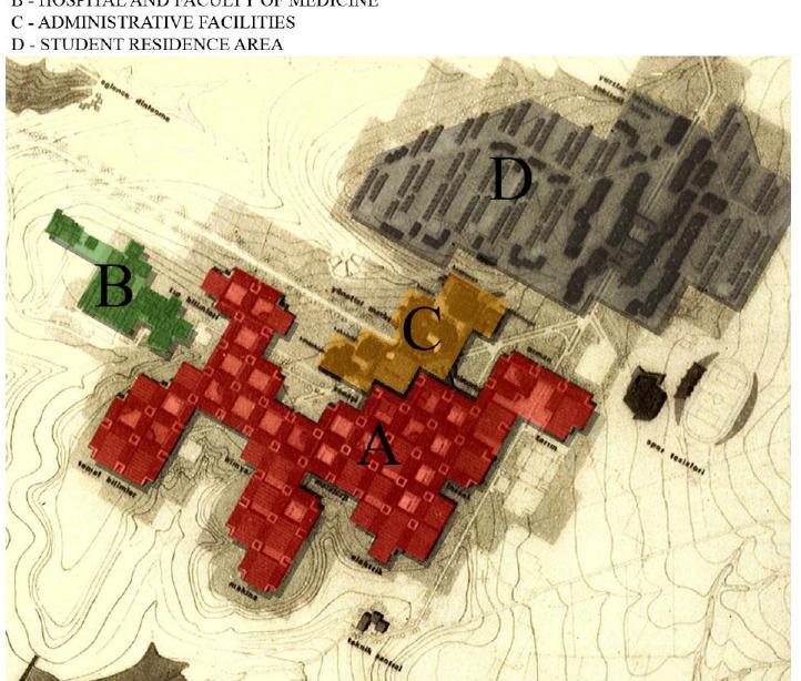 Figure 6. Project for Diyarbakir Ziya Gokalp campus by Kemal Ahmet Aru; image is coloured by the author (Source: Arkitekt, 342).  The Diyarbakir University campus (Figure 6) is located 3 kilometers from central Diyarbakir on the Dicle Plain, and was planned as self-sufficient set- ting. According to Kruschwitz’s defini- 