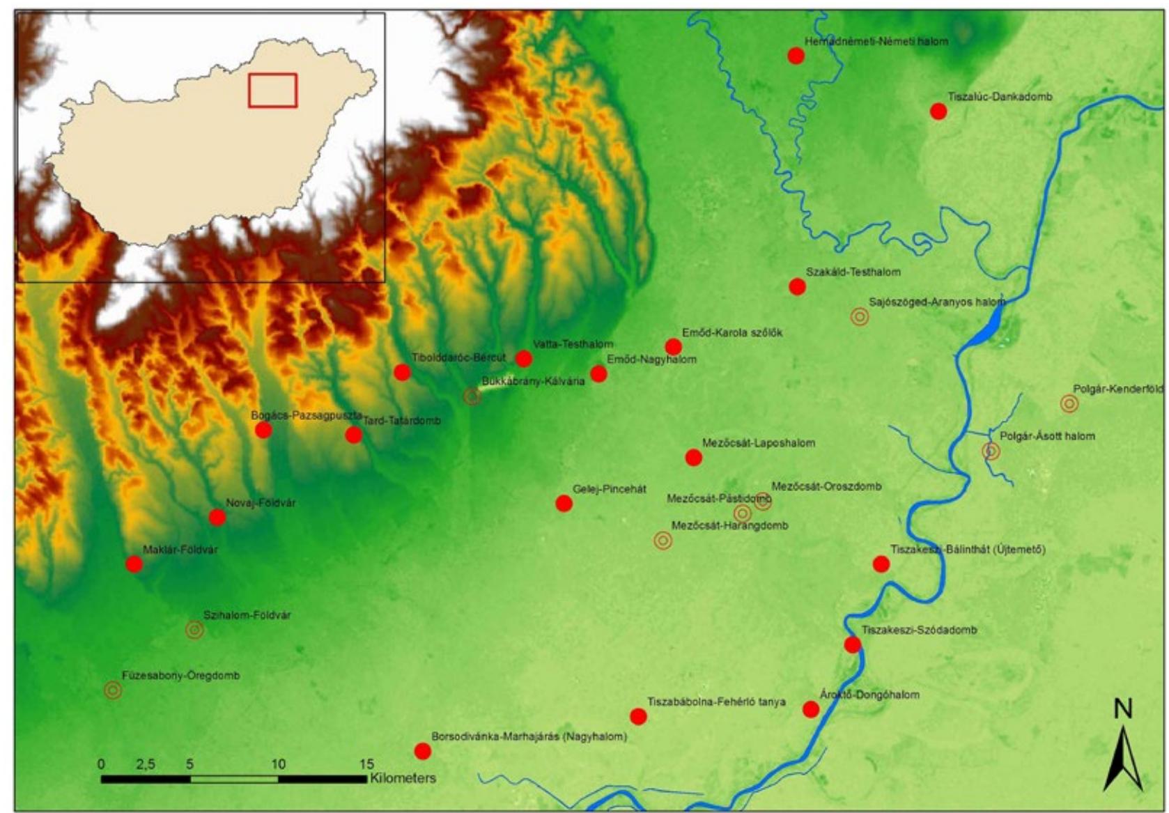 Fig. 3: Research area of the BORBAS project (after Kienlin et al. 2018).  BORBAS is one of these micro-regiona is a joint international research progra on the examination of Bronze Age sett  tween the University of C Miskolc and the Herman  and has been active since 2012. The si  by the project are situated  Hungarian chronological the period of the so-cal  mining role of the natura  proving the supposed inte role and impact of raw ma ife of the communities. T to develop a database bui a large number of archaeo  Bukk Mountains and on the flatland Plain (Fig. 3). The time span studied i Early Bronze Age and the Middle Bronze Age in  bony material cultures. We applied to find answers to our questions about the deter-  velopment of the settlem  projects; it mme, based ements, be- ologne, the University of Ottd Museum, Miskolc, tes targeted along the foothills of the s of the Borsod s the end of the the system (2200-1500 BC), ed Hatvan and Fiizesa-  inductive logic  environment in the d ent structures, eviden rnal social structure, t terials and trading on the he aim of the project was t on data collected from logical sites, applying the  same protocol. Our current research is based main-  ly on non-invasive method  s (P. Fischl et al. 2015): in-  tensive archaeological survey, aerial photography,  topographical measurements and magnetometer survey, providing important data at both the intra- and off-site level. In addition, a systematic drilling programme has been initiated in order to provide more detailed information on site structure and for- mation history, as well as to detect suitable deposits for pollen analysis for a reconstruction of the prehis- toric landscape, strategies of land use, and human impact on the Bronze Age environment. These are accompanied by metal detector surveys and the ar- chaeometallurgical analysis of the metal finds. The finds will also be the subject of archaeozoological analysis, and the stone tools and their raw materi- als used to determine the exchange network of the settlements. In surface survey all finds are collect- ed in 5 x 5m units and brought to the archaeolog- ical database at Miskolc for subsequent processing. The resulting density maps of the surface finds are overlain onto the magnetometer results, in order to establish if the two methods produce a comparable spatial pattern, indicative, for example, of the loca- tion of Bronze Age houses or other activity zones. At Tard-Tatardomb the houses detected by geomagnet- ic prospection and the find density data provided by surface collection coincide well (P. Fischl et al. 2014), while at Tiszababolna-Fehérlé tanya magnetometry has not detected any houses/buildings, though the find density and find types show two separate hab- itation areas (P. Fischl et al. 2015). The spatial distri- bution of more ‘special’ groups of artefacts, such as animal figurines, portable hearths or wheel models  