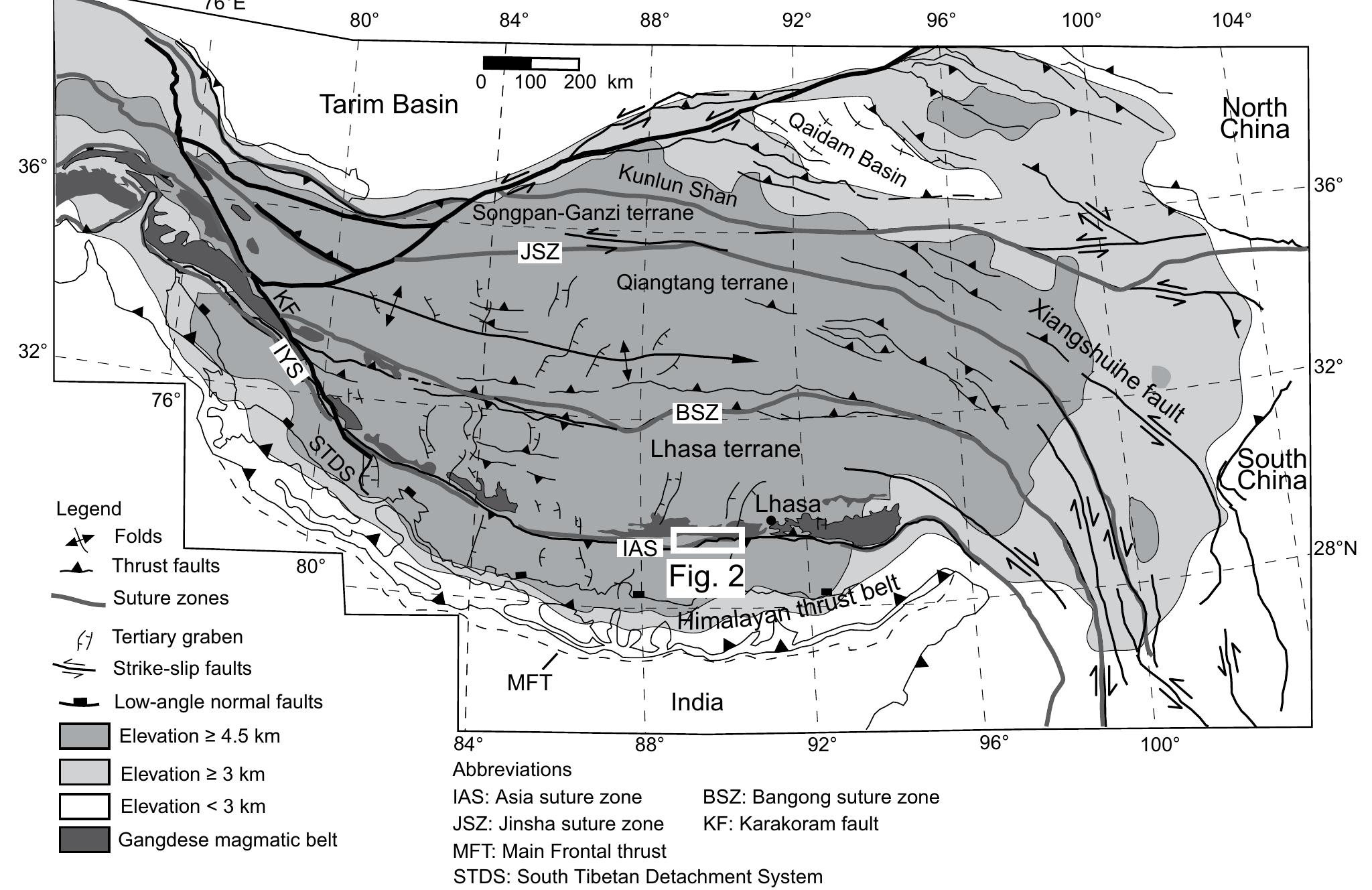 Regional tectonic map of the tibetan plateau and surrounding