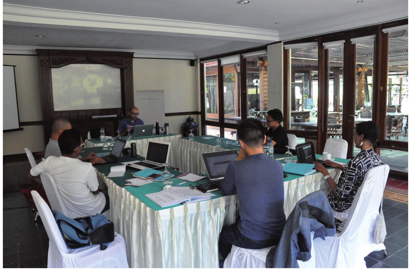 Fig. 2 — Andrea Acri leads a session of the advanced class during the 4th International Intensive Course in Old Javanese, Cangkringan, 2018. 