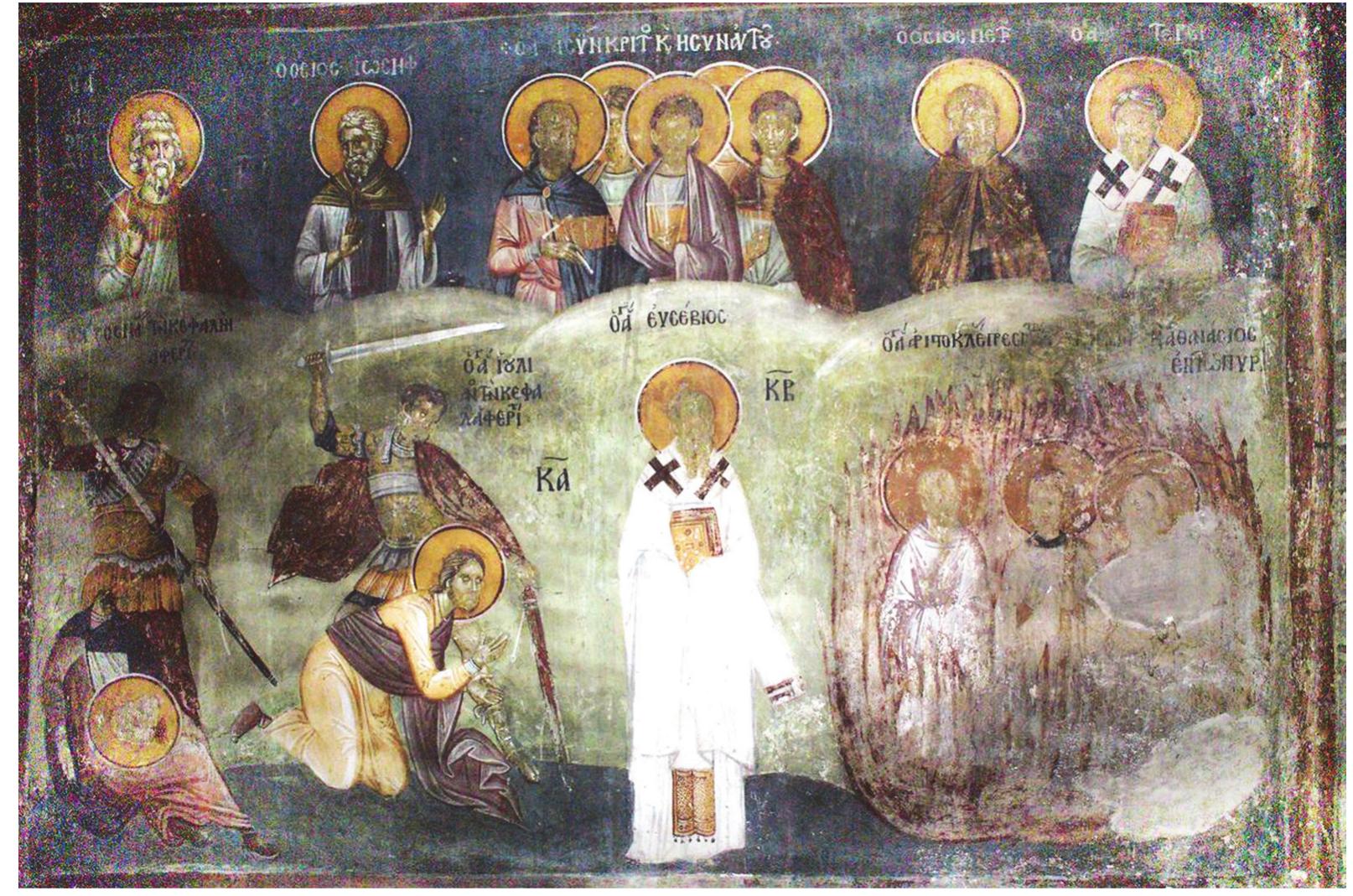 Fig. 2) Fresco of the Calendar of June at Gracanica rce: https://www. blagofund.org/Archives/Gracanica/exhibits/digital/little-nw/large/little-nw-4  In the church of  the renowned 14" century monastery of Gracanica, located in modern Kosovo,  the martyrdom of Saint Zosimos has been incorporated in the scenes from the northwest dome  of the building, i saint is depicted moment right aft a soldier who pu  lustrating the saints’ days in June of the Byzantine church calendar (Fig. 2). The seated on the ground wearing civil clothing - a long tunic and cloak - at the er the decapitation, with his head in a halo fallen onto his lap. Behind him stands s his sword back into the scabbard. Above the scene there is the legend: 6 ay(toc)  Zwow(oc) thy Kkegariv apatpéOn (“The holy Zosimos who has been deprived of his head”). His  presented at the bottom left corner of a wall decorated with the month’s other  martyrdom is re  martyrs and saints: On the top register we see (from left to right) Saint Methodius of Patara (20"  of June), Saint Joseph, Saint Asyncritus and his companions (20" of June), Saint Peter, and Saint  Terentius of Iconium (21* of June); on the lower register Saint Zosimos, Saint Julianus of Egypt, Saint Eusebius of Samosata (22™ of June), and the group of Saint Aristokles the presbyter, Saint  Demetrianus the  deacon, and Saint Athanasius the reader, condemned to the flames (23 of June). 