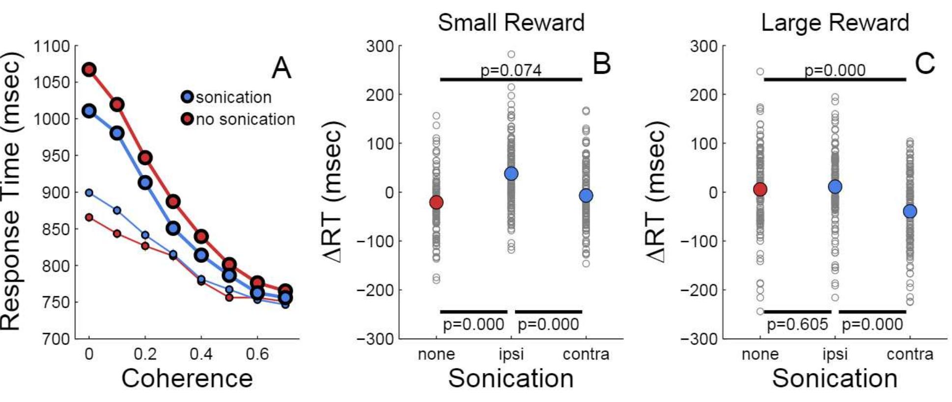 Effects of motion coherence, reward, and sonication on
